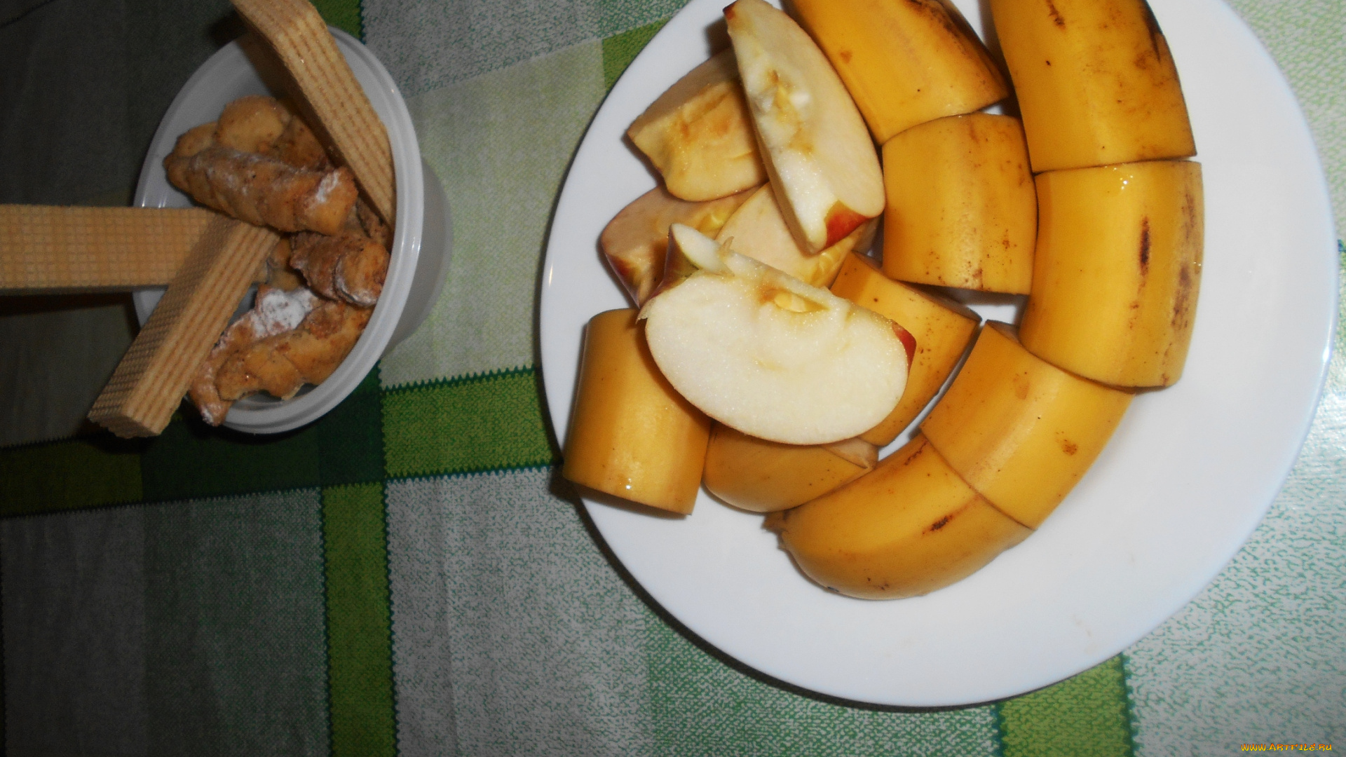 еда, бананы, вафли, яблоки