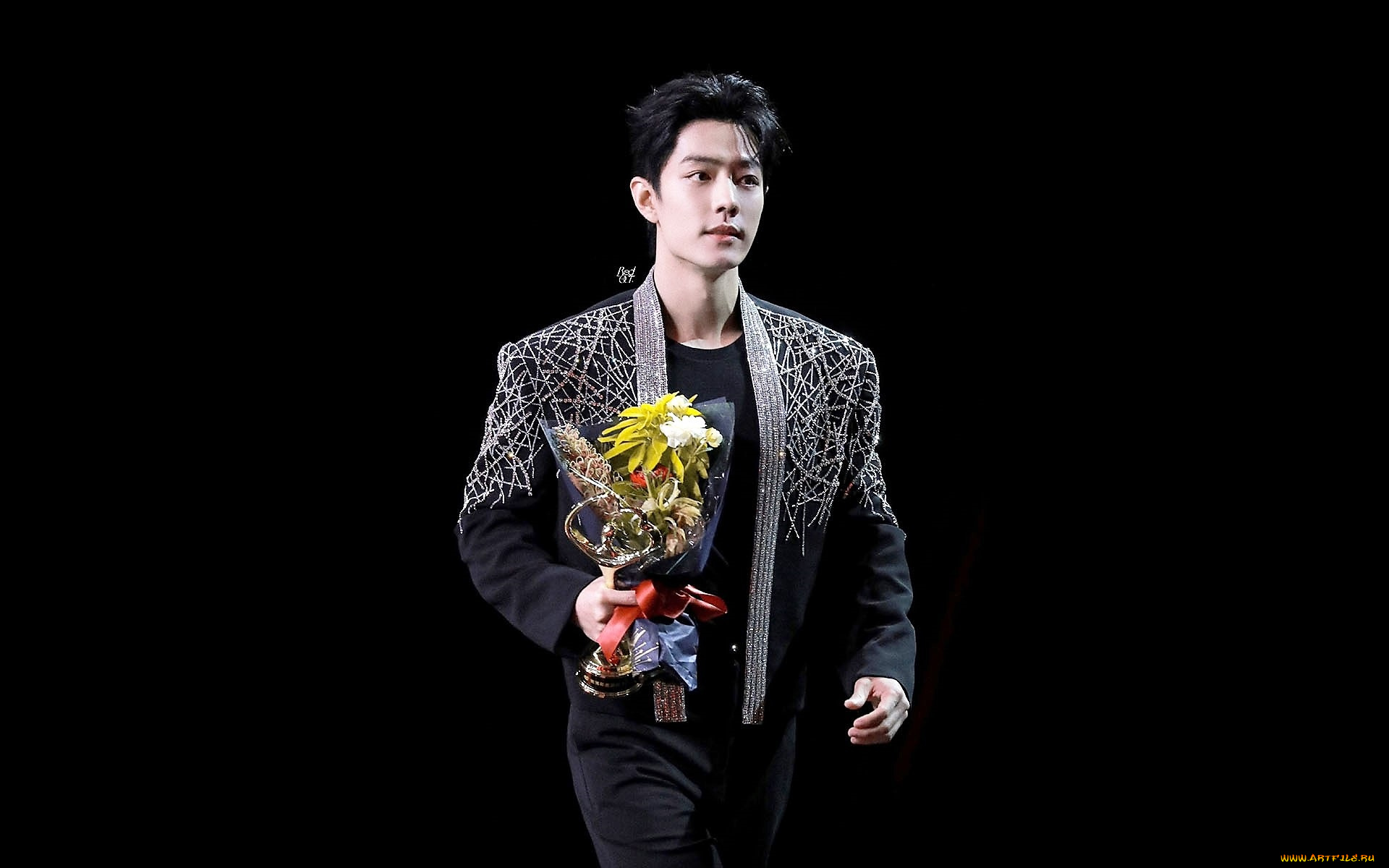 мужчины, xiao, zhan, актер, букет, цветы