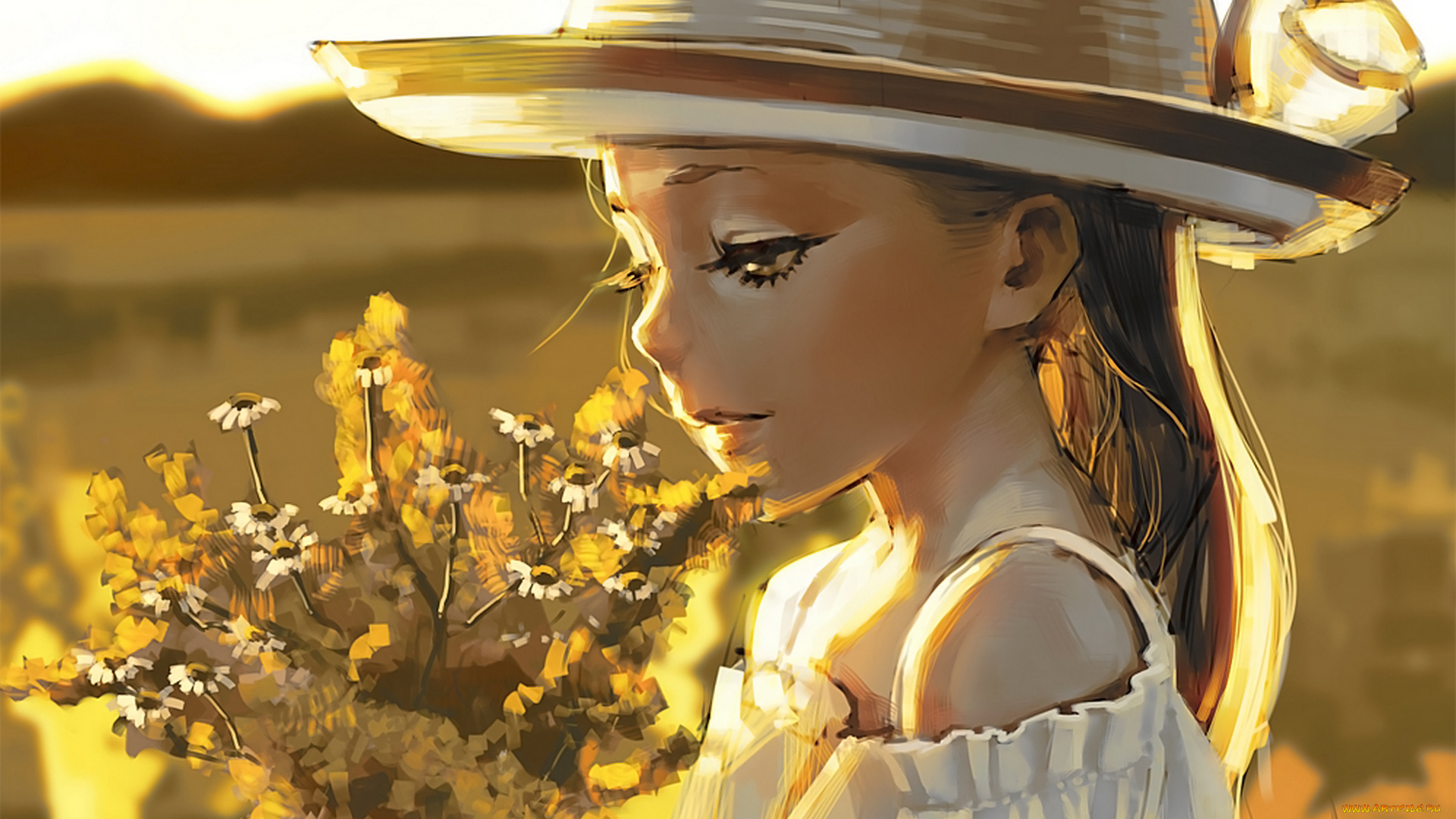 рисованные, дети, поле, девушка, цветы, букет, шляпа