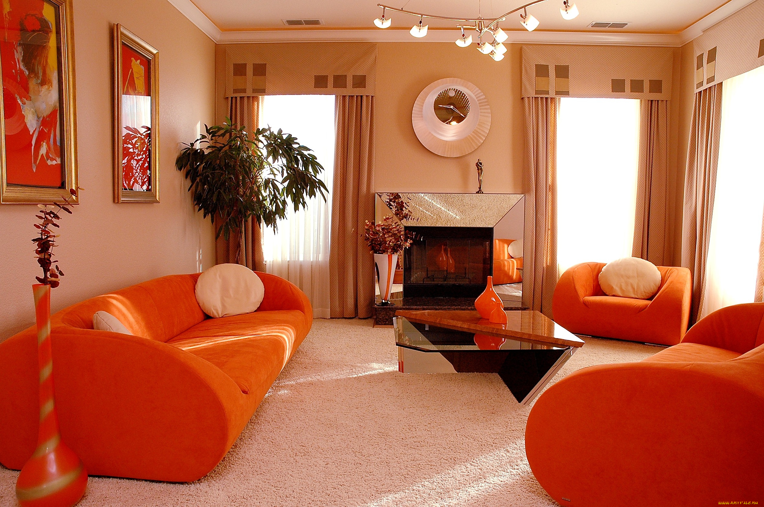 интерьер, гостиная, диван, кресла, вазон, камин