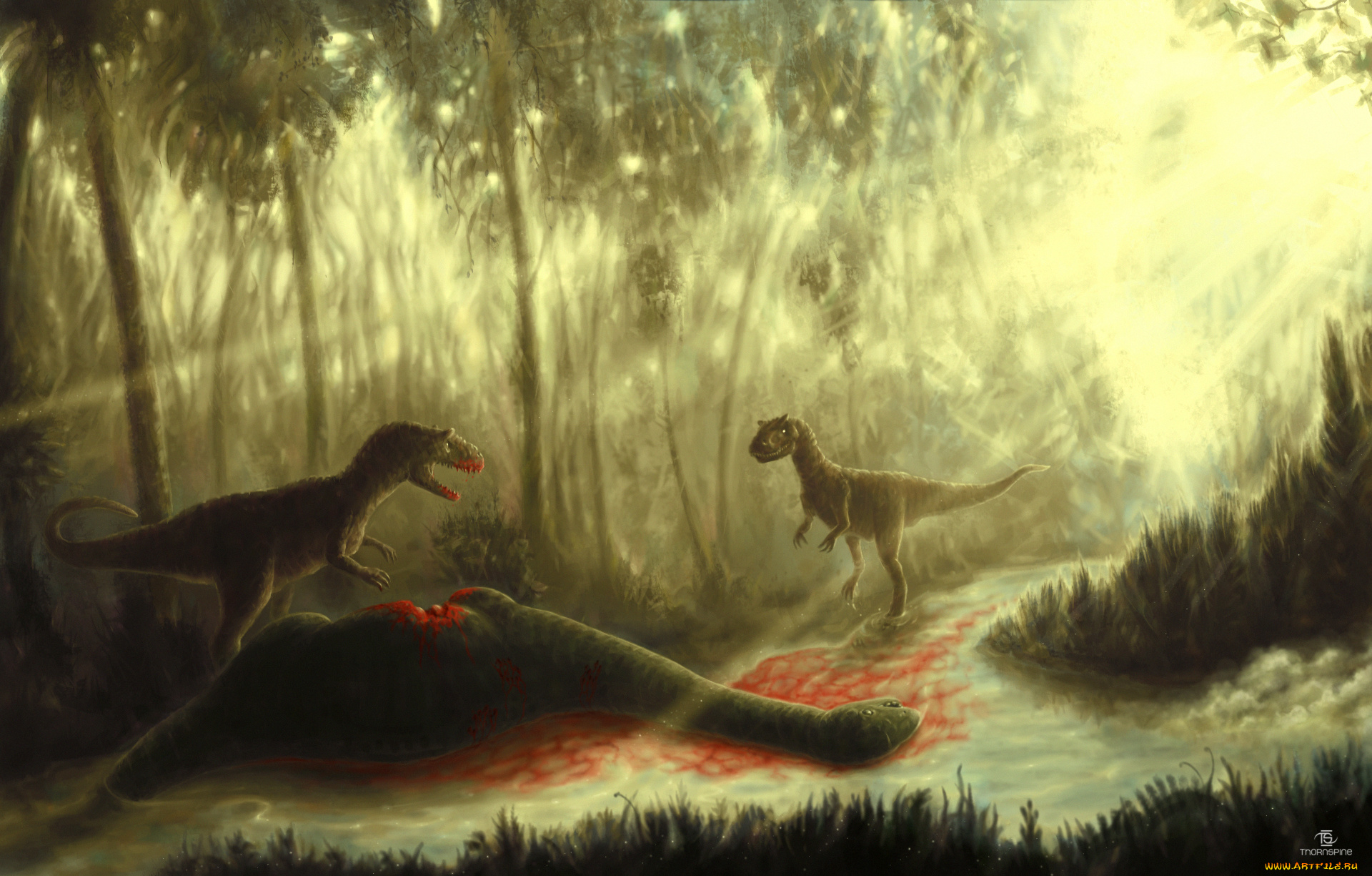 рисованное, животные, , доисторические, динозавры, лес