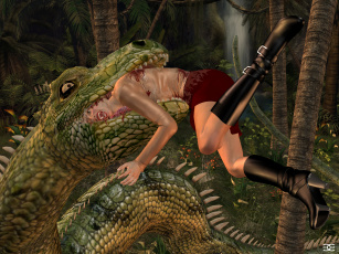Картинка 3д+графика фантазия+ fantasy девушка динозавр лес