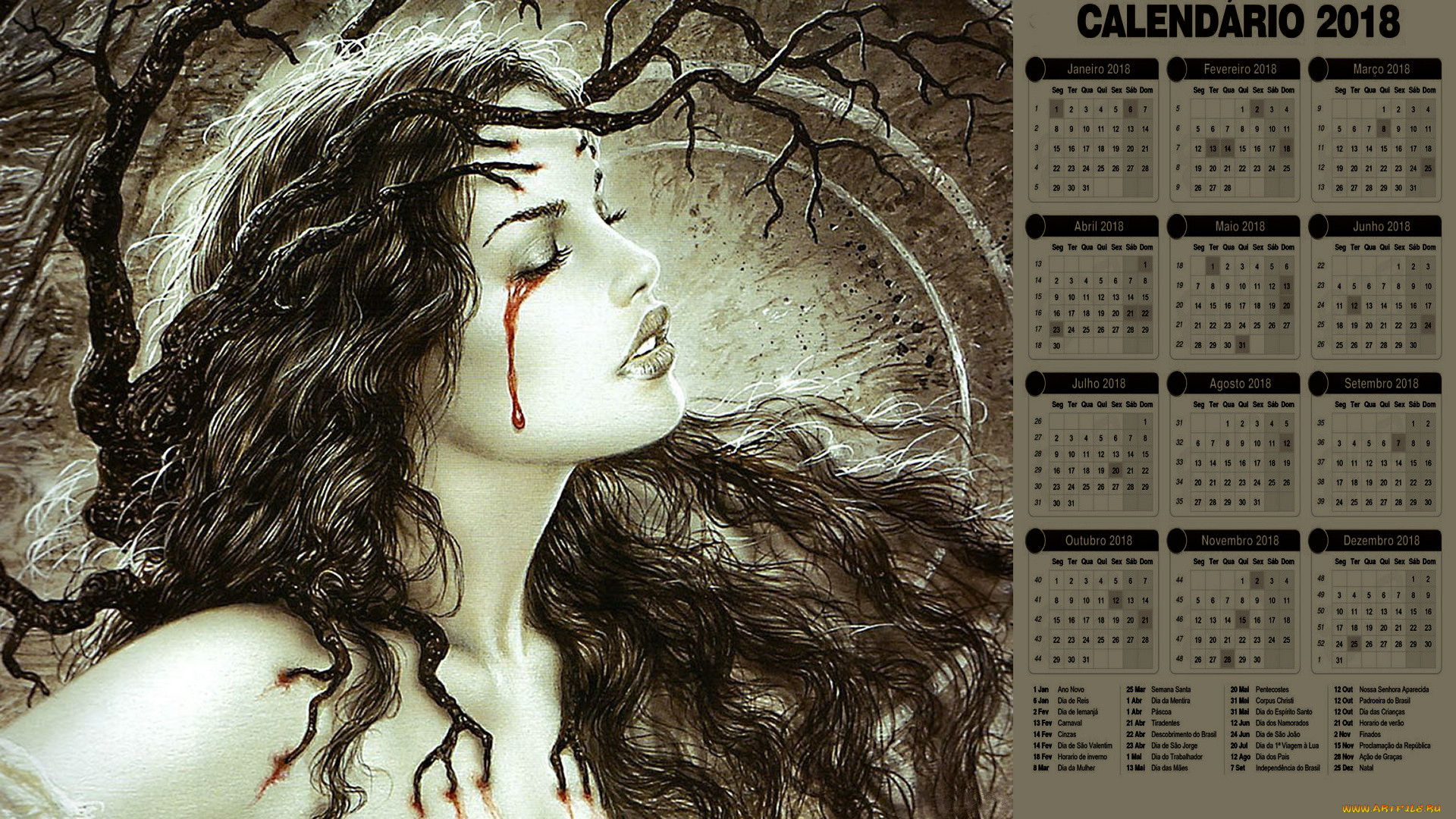 календари, фэнтези, девушка, лицо, кровь, профиль