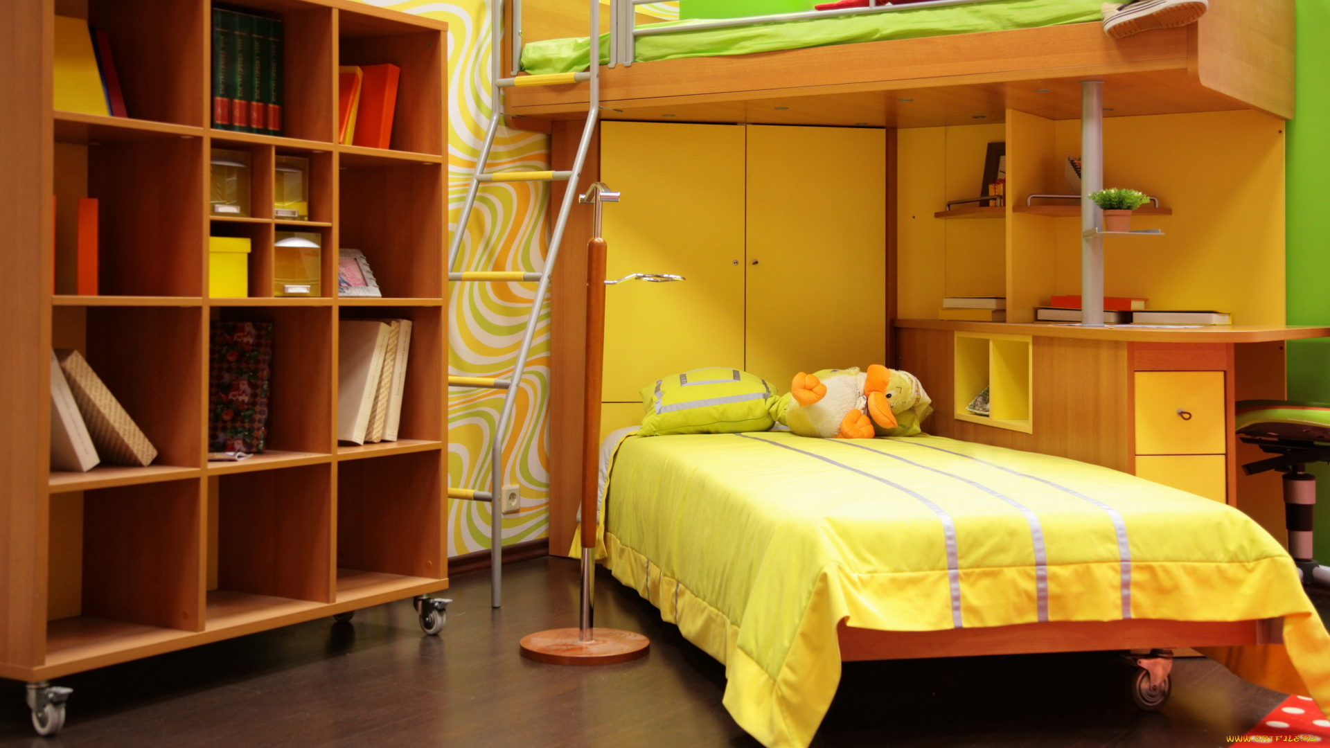 интерьер, детская, комната, игрушки, полки, постель, кровать, детская