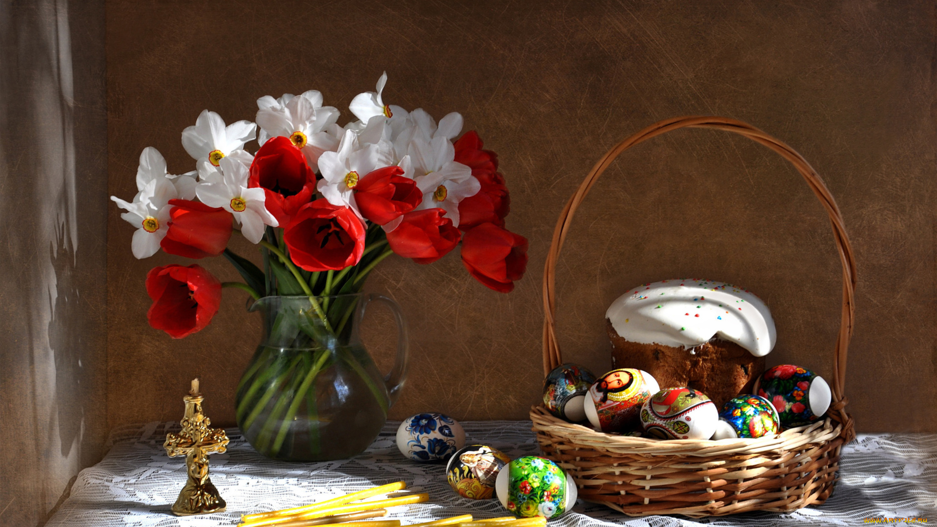 праздничные, пасха, весна, тюльпаны, натюрморт, праздник, кулич, композиция, нарциссы, цветы, апрель, букет