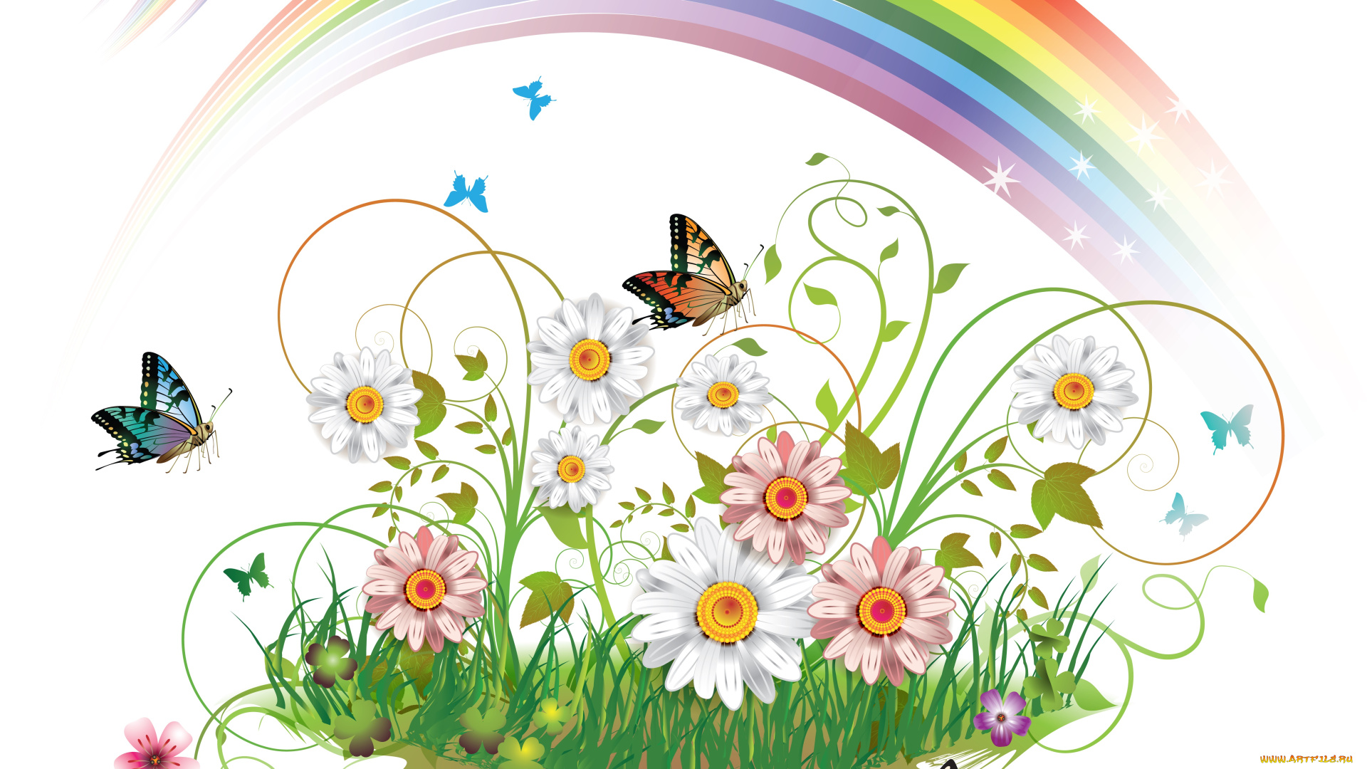 векторная, графика, цветы, радуга, бабочки