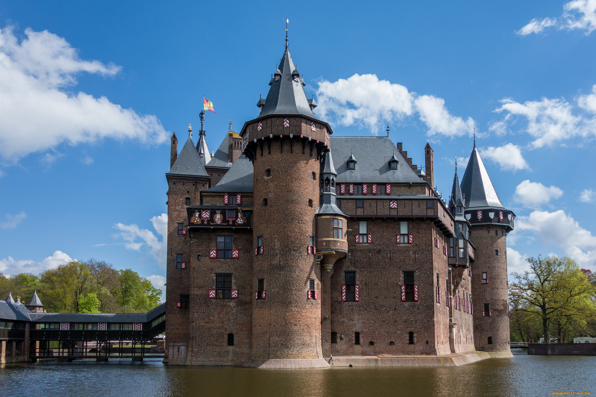 castle, de, haar, города, замки, нидерландов, парк, водоем, замок