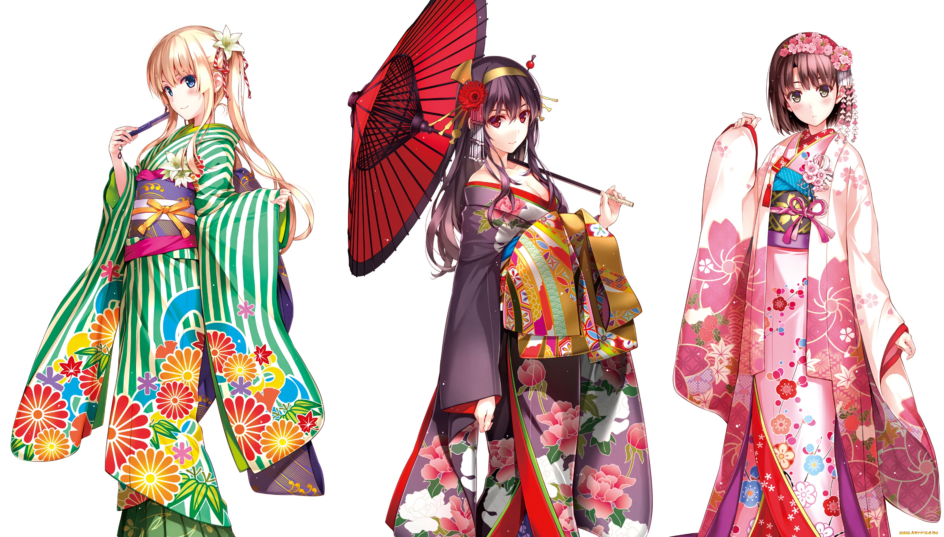 аниме, unknown, , другое, девушки, взгляд, фон, кимоно, зонтик