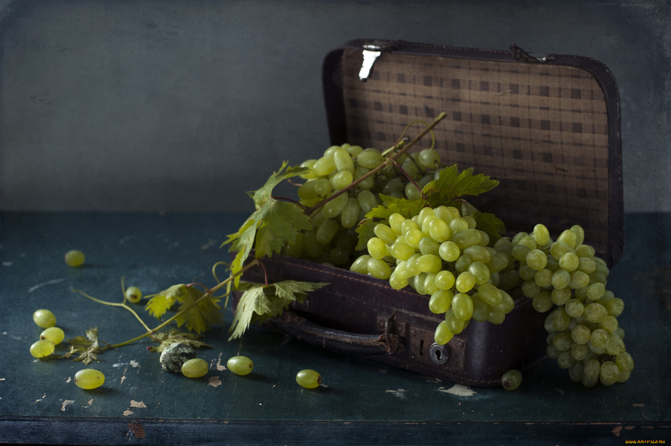 еда, виноград, чемодан, ягода, листья