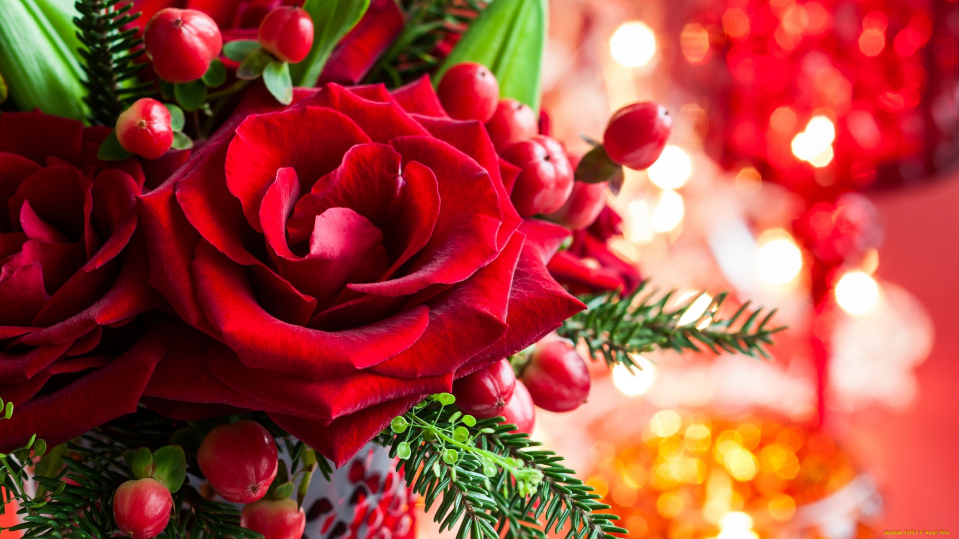 цветы, букеты, , композиции, бутон, цветок, лепестки, ель, ветки, ваза, праздники, розы, красные, листья, боке, new, year, christmas