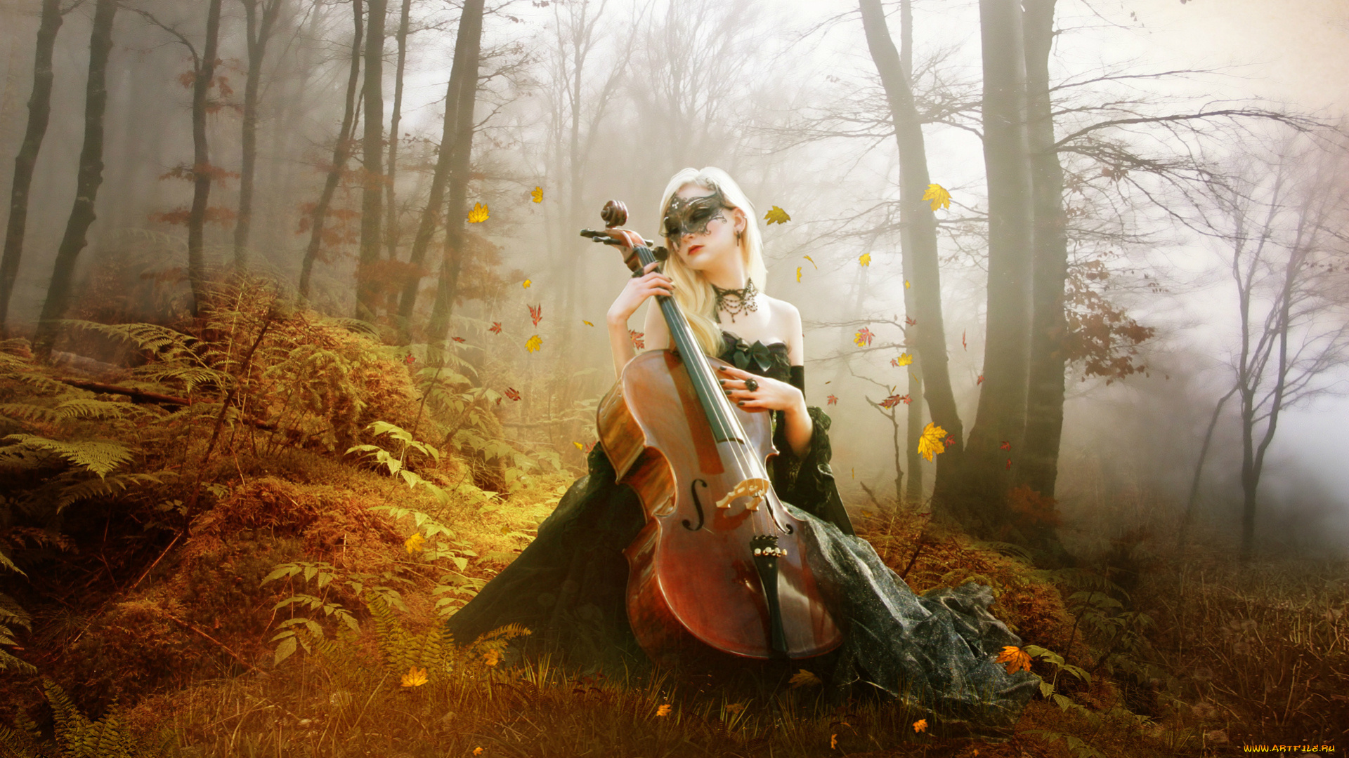 музыка, -, другое, музыкальный, инструмент, лес, туман, декольте, виолончель, маска, сидит, девушка