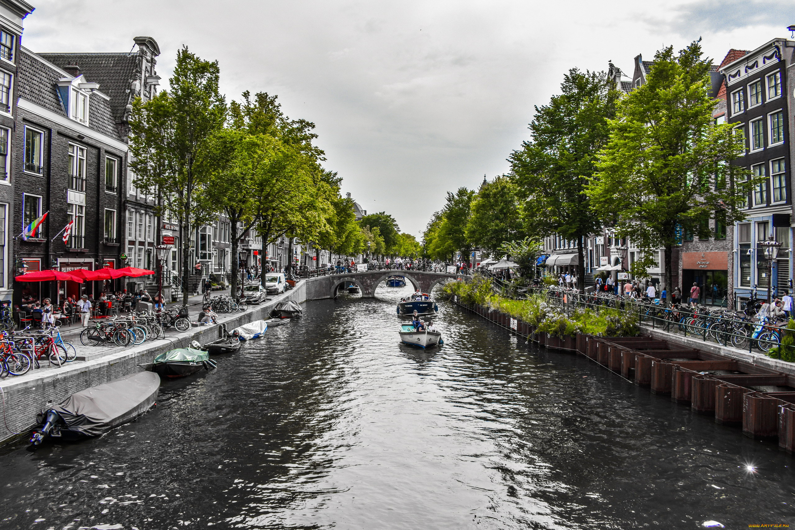города, амстердам, , нидерланды, канал, мост, набережная, туристы, лодки