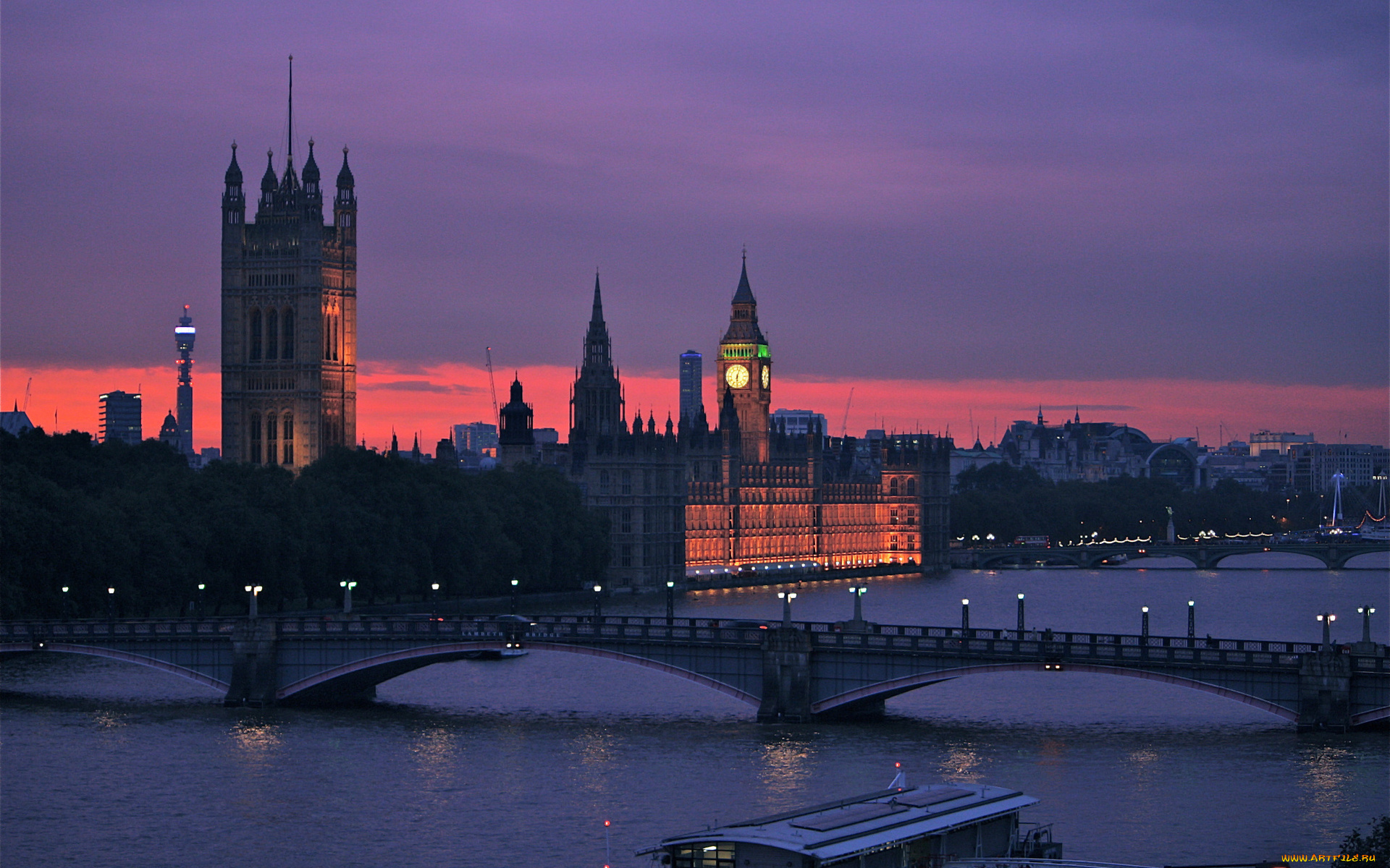 города, лондон, , великобритания, река, фонари, вечер, мост