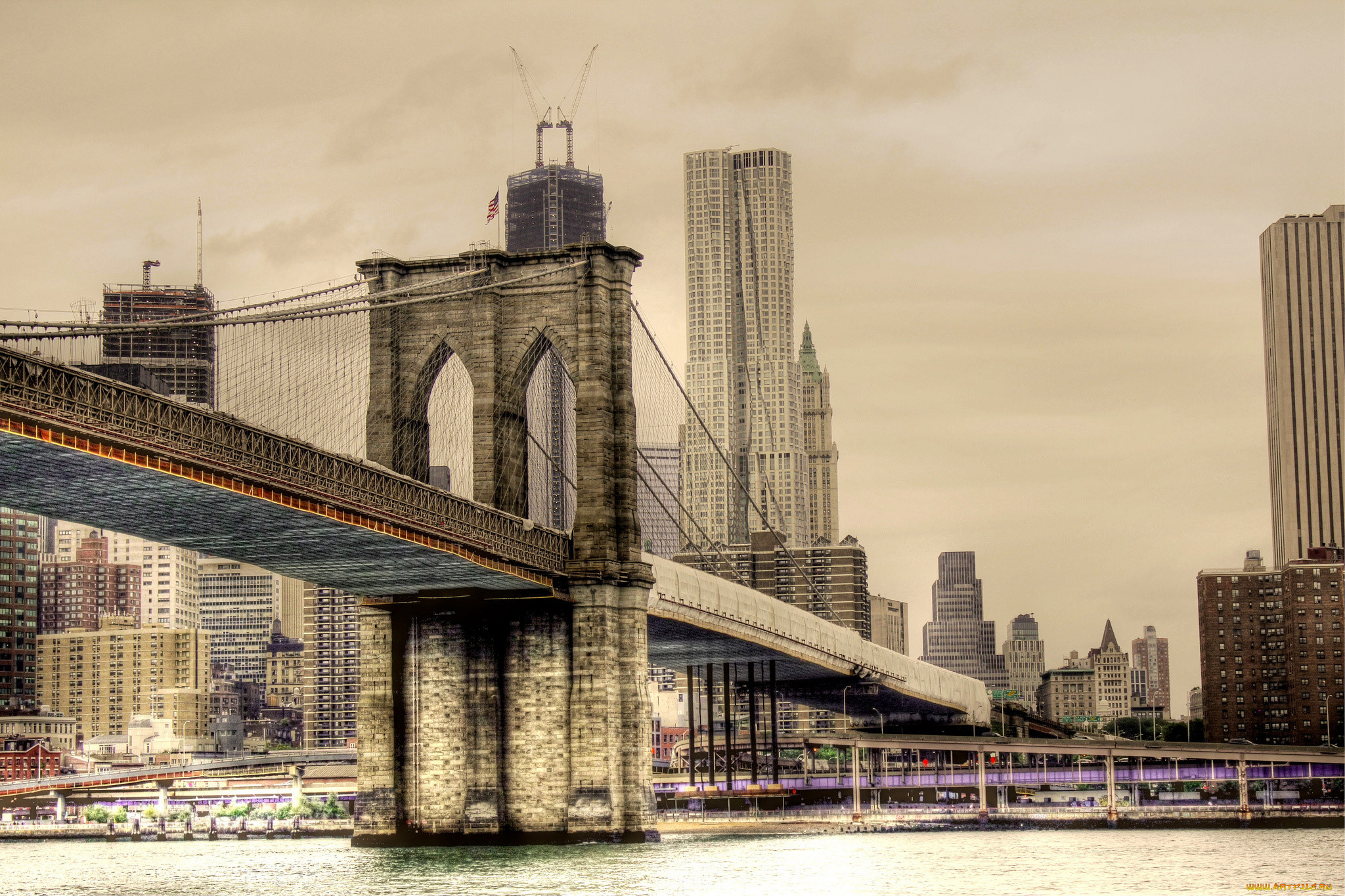 города, -, мосты, brooklyn, bridge, здания, бруклинский, мост, город, нью-йорк