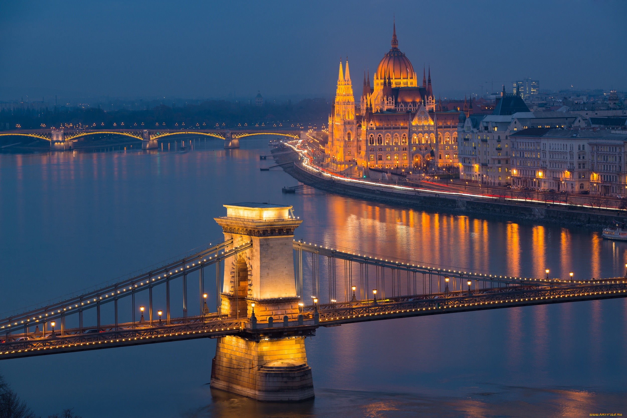 города, будапешт, , венгрия, мосты, река, вечер, освещение