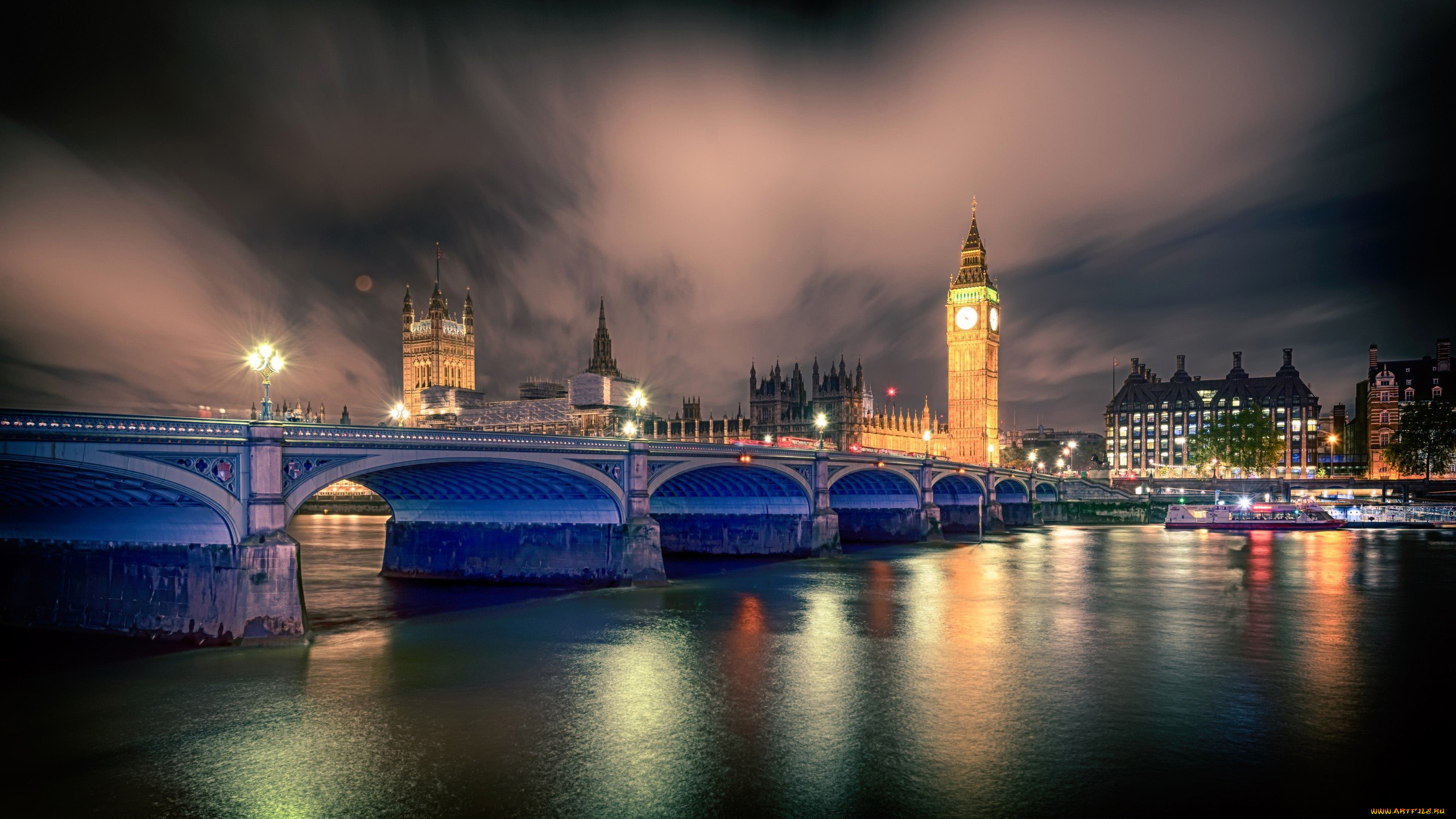 города, лондон, , великобритания, мост, вечер, река