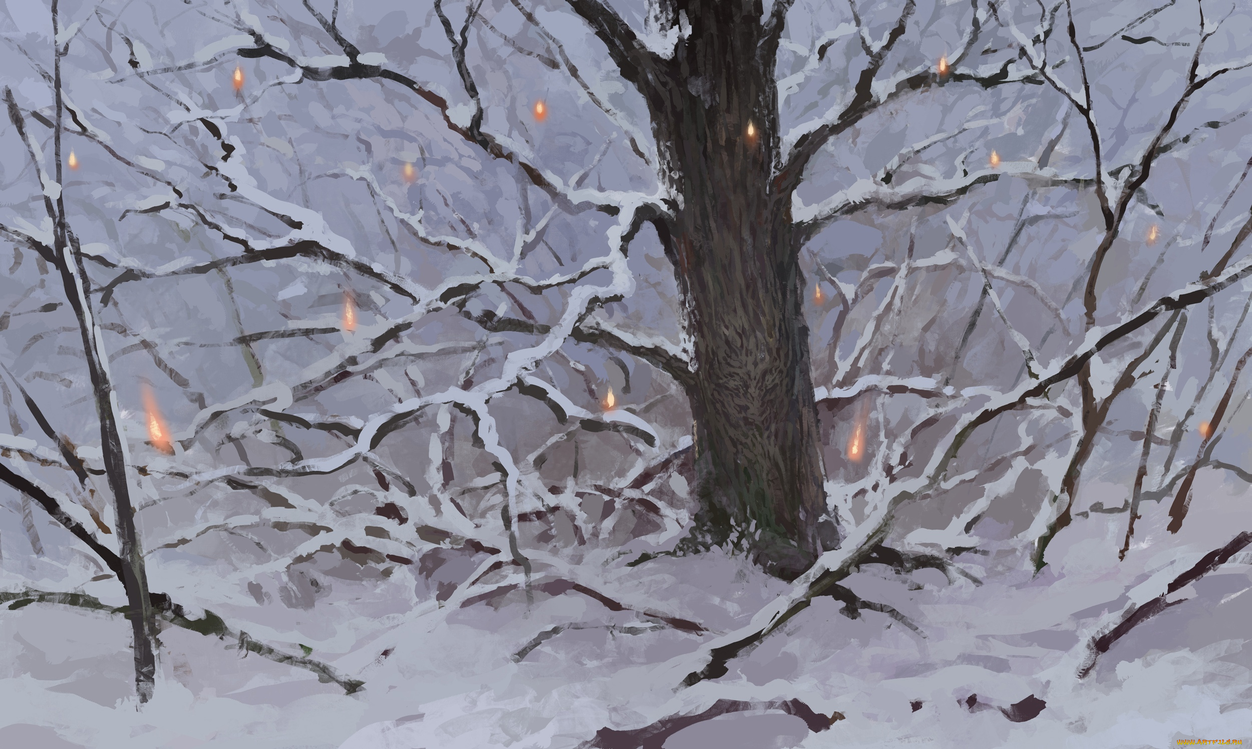 рисованное, природа, дерево, лес, снег, зима, огоньки