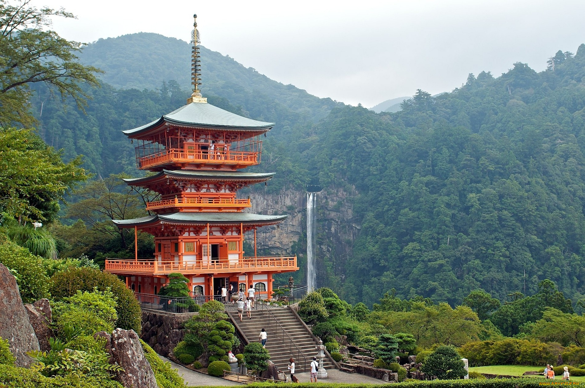 храм, нати, кацуура, Япония, города, буддистские, другие, храмы, пагода, водопад, горы
