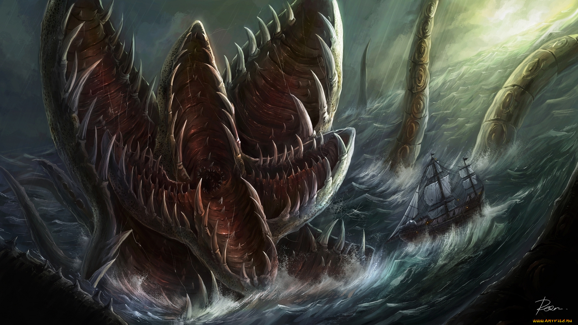 фэнтези, существа, монстр, парусник, гибель, море, кракен, чудовище, корабль
