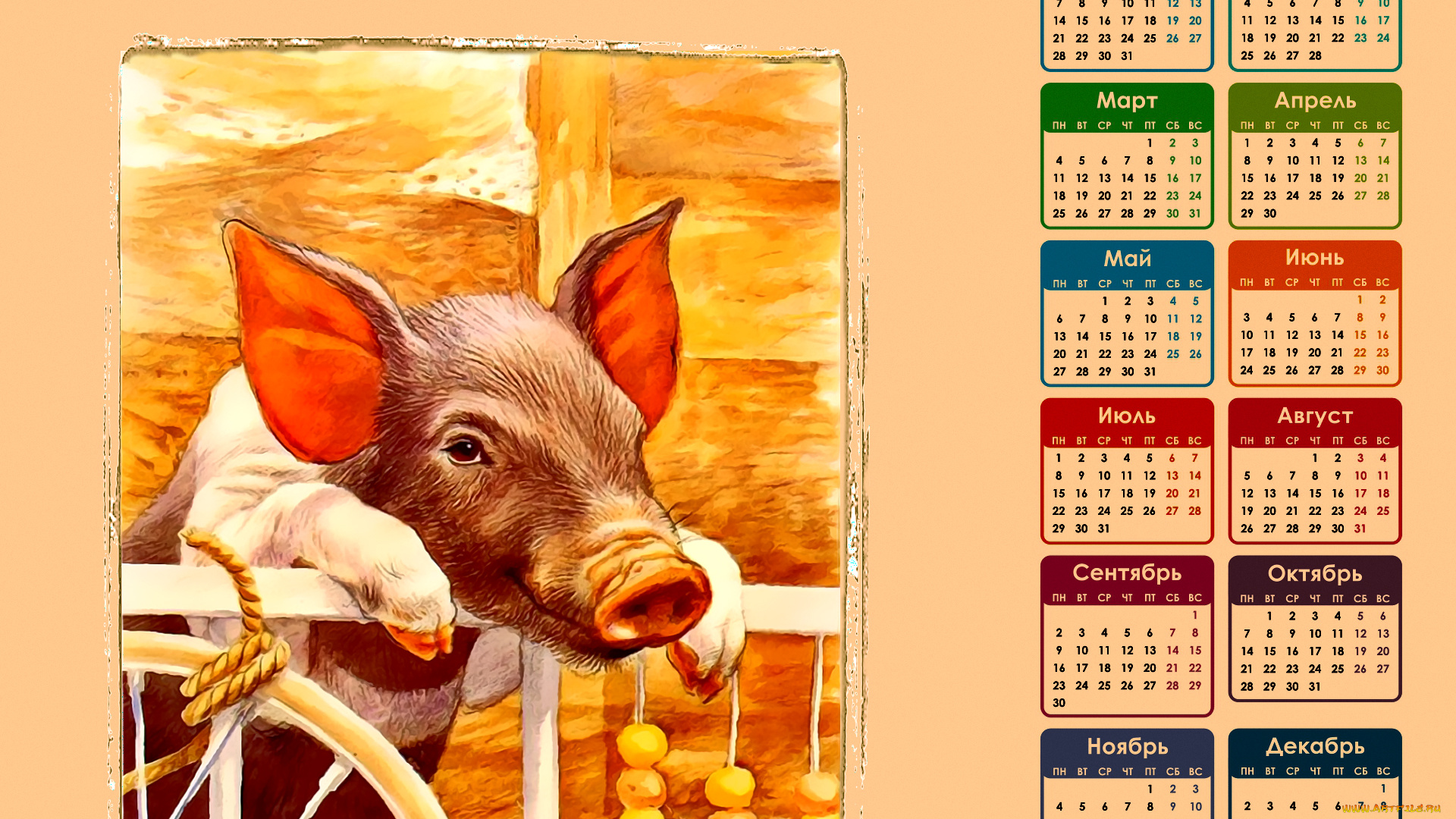 календари, рисованные, , векторная, графика, поросенок, свинья
