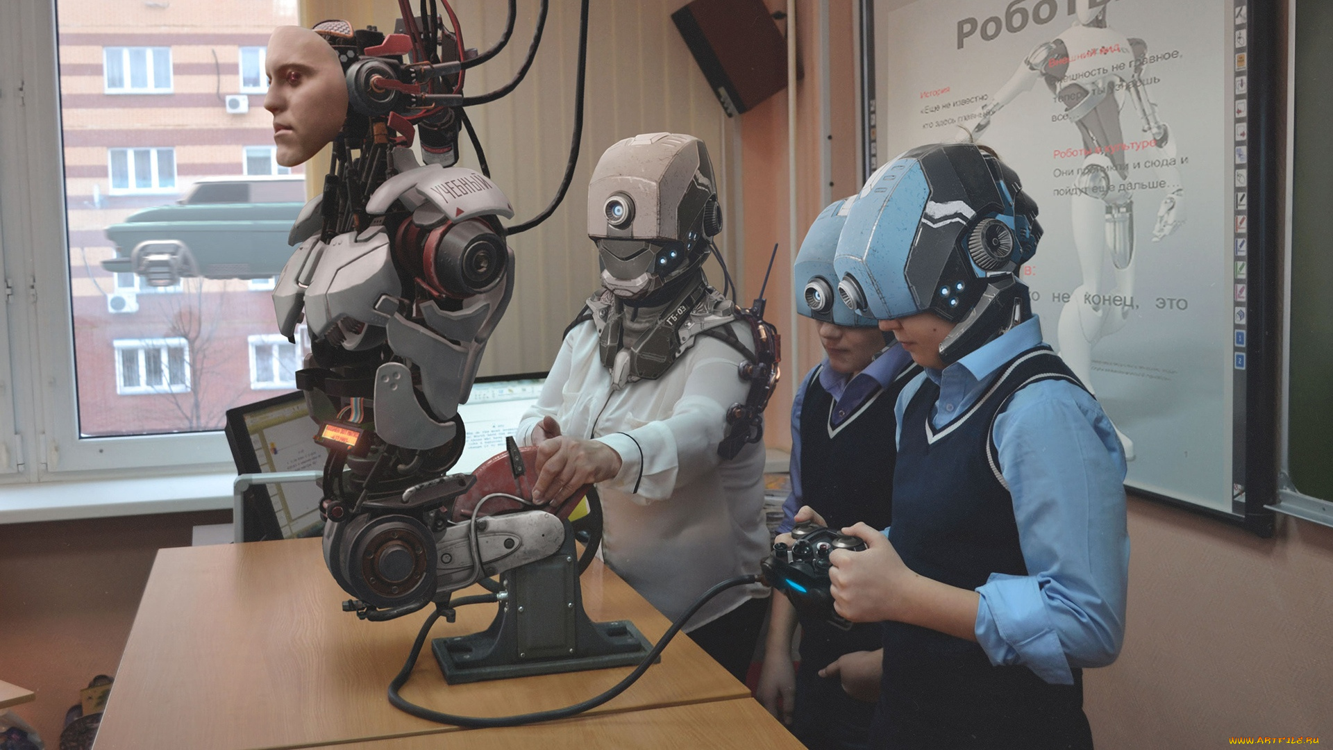 фэнтези, роботы, , киборги, , механизмы, робот, будущее, летающая, машина, окно, учитель, дети