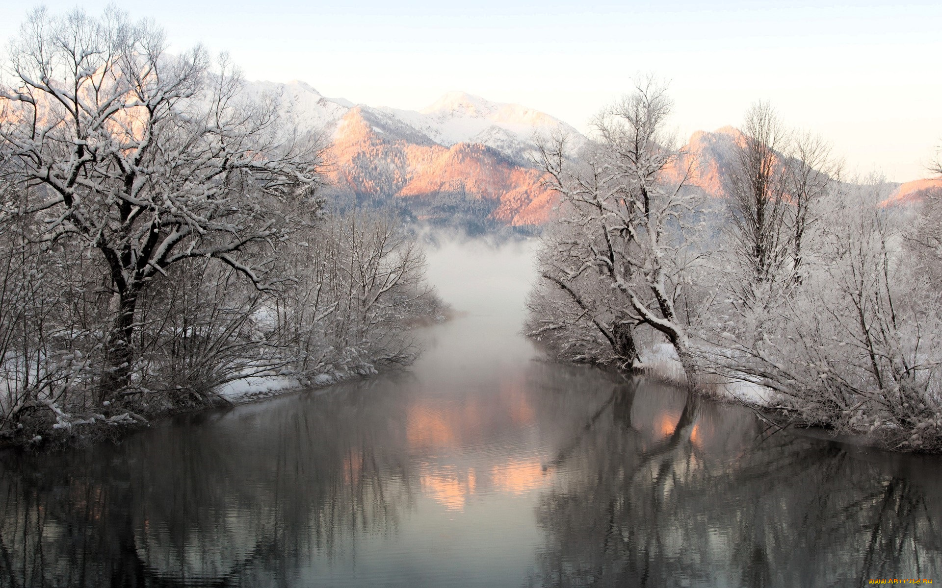 природа, реки, озера, горы, деревья, снег, туман, река