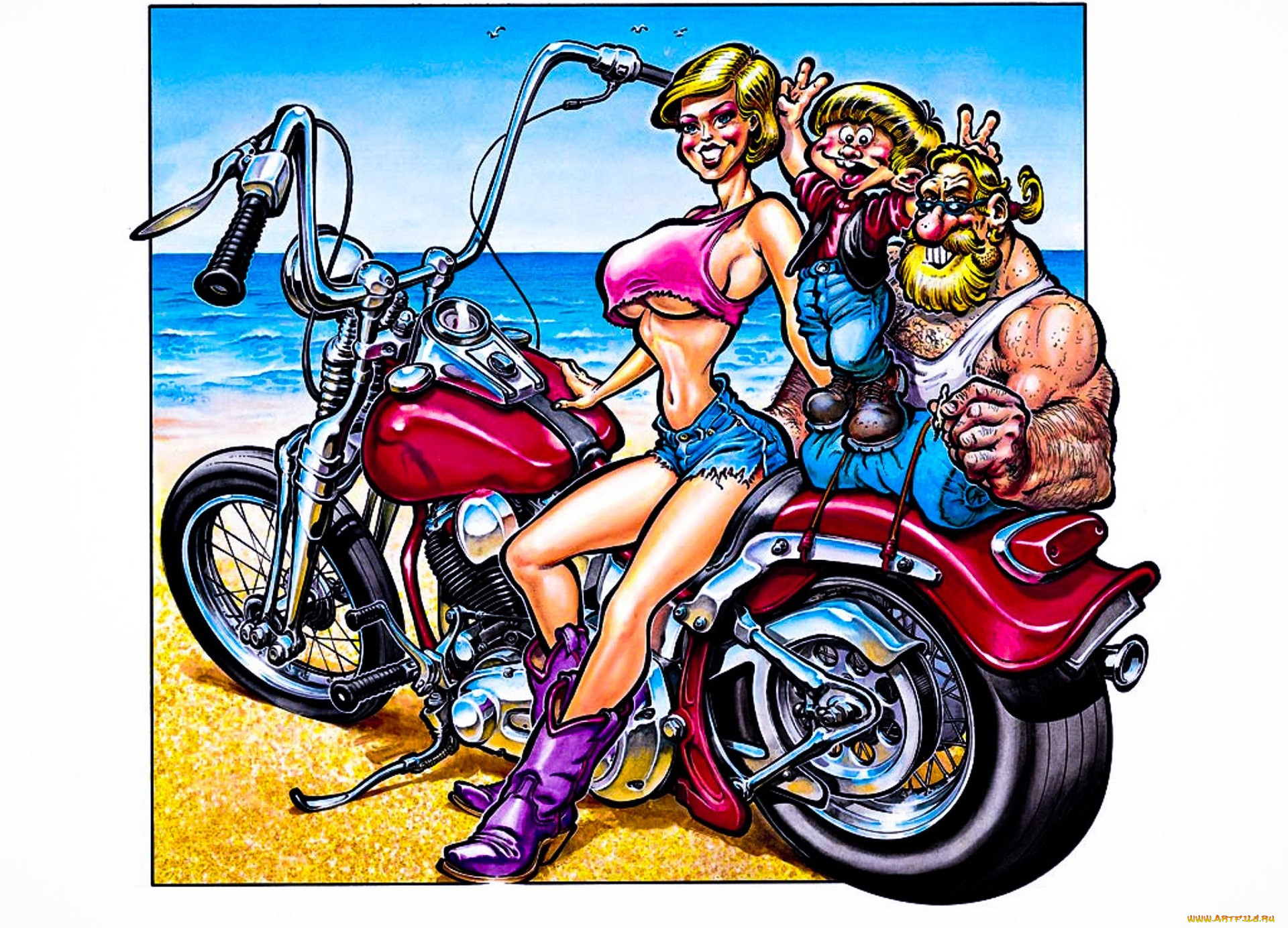 рисованное, люди, мотоцикл, девушка, мужчина, ребенок