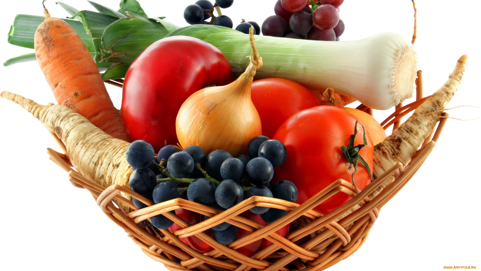 еда, фрукты, овощи, вместе, морковь, виноград, корзинка, помидоры, томаты