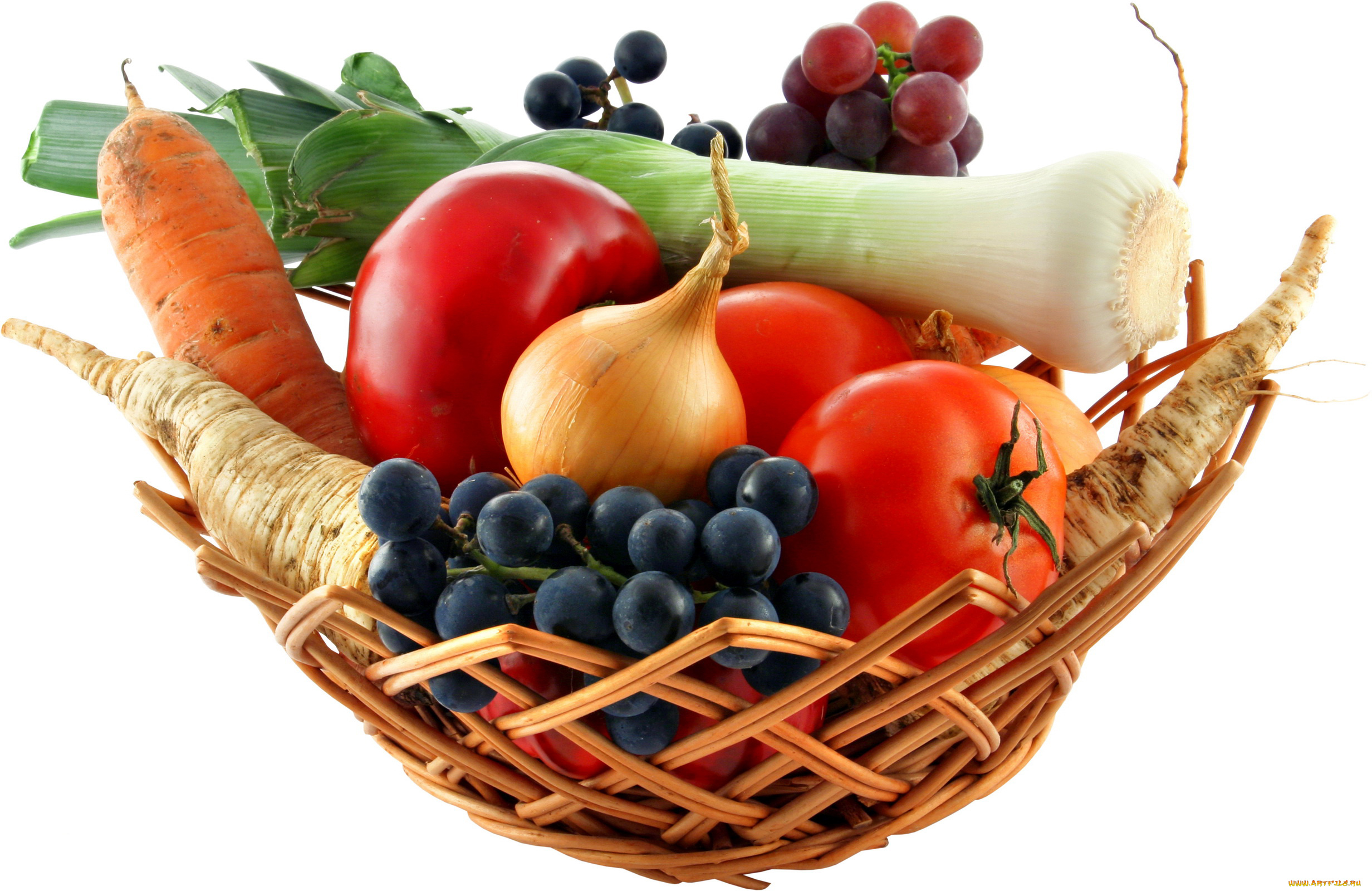 еда, фрукты, овощи, вместе, морковь, виноград, корзинка, помидоры, томаты