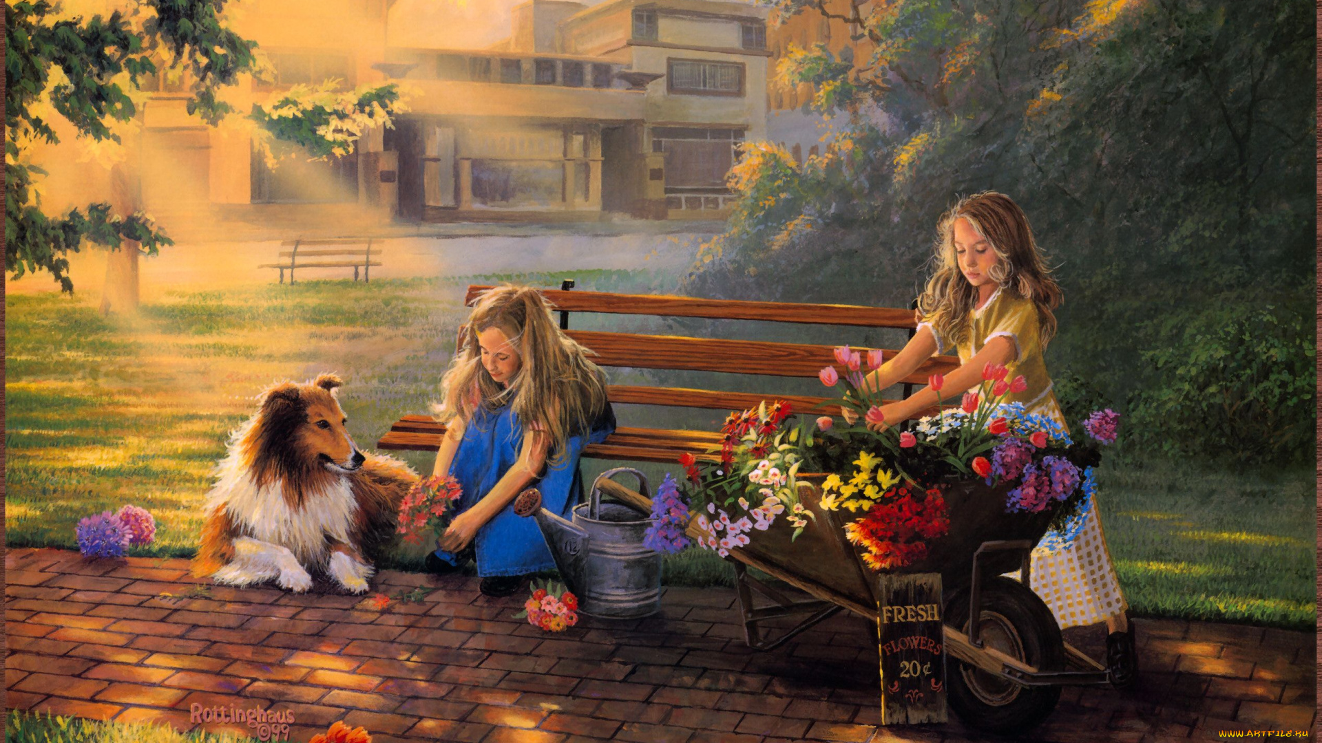 david, rottinghaus, little, bouquets, рисованные, собака, цветы, дети