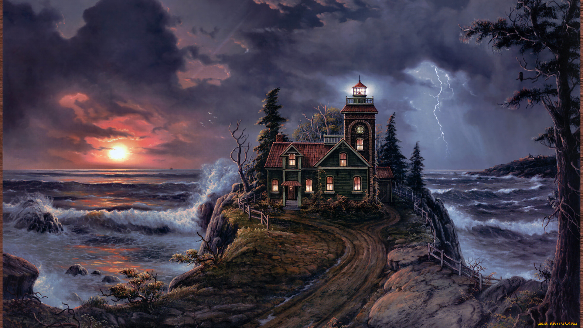 jesse, barnes, lighthouse, cove, рисованные, побережье, дорога, буря, шторм, море, маяк, арт, закат, пейзаж