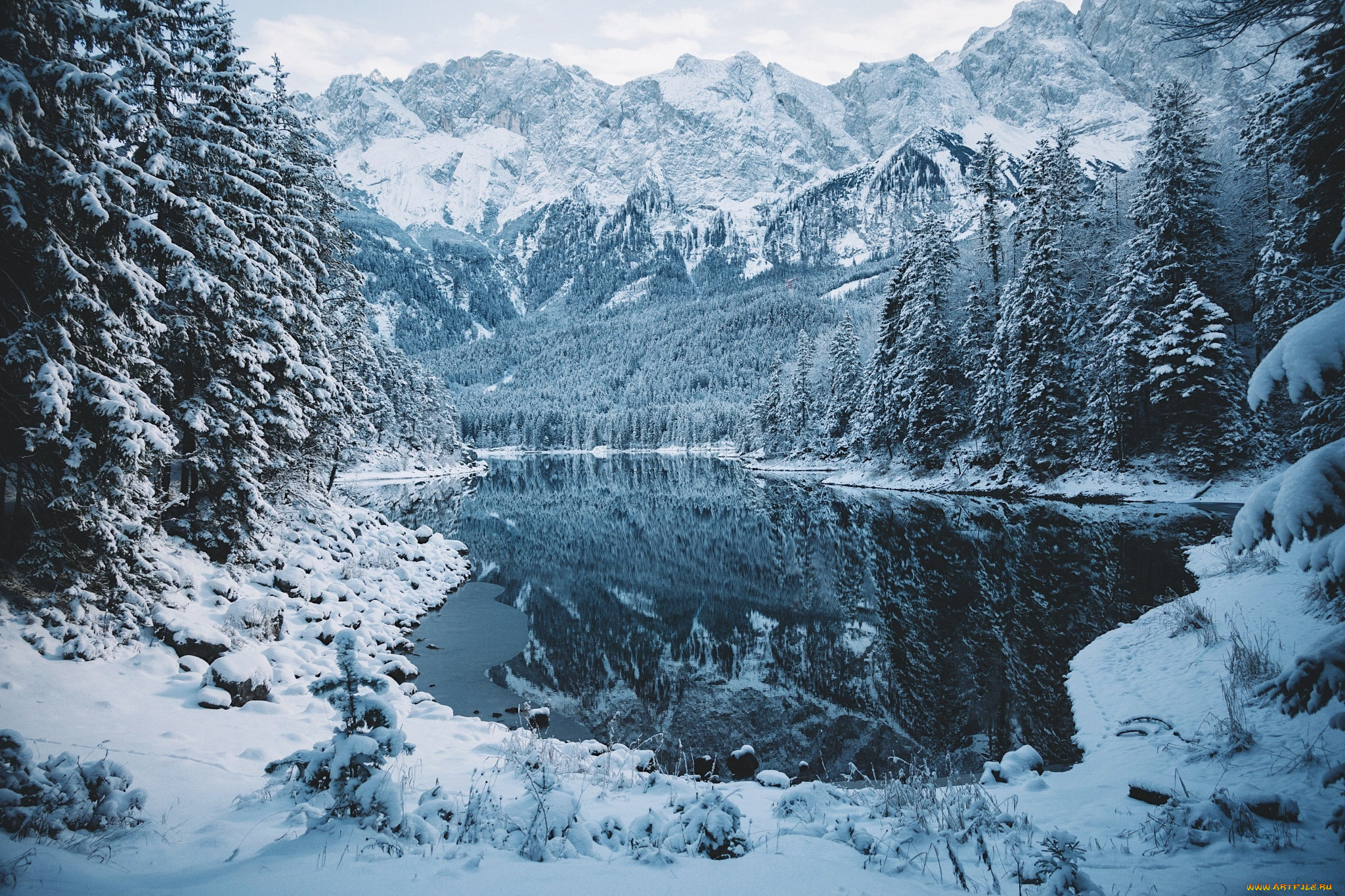 природа, зима, лес, снег, озеро, горы