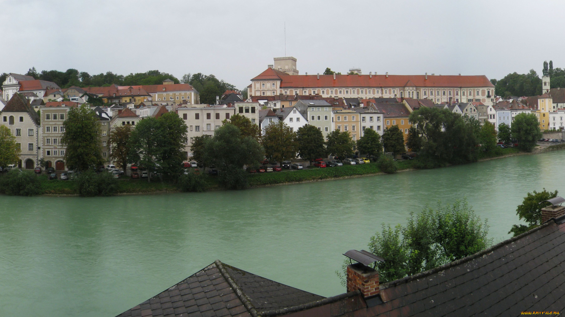 steyr, austria, города, панорамы, набережная, река, здания, деревья