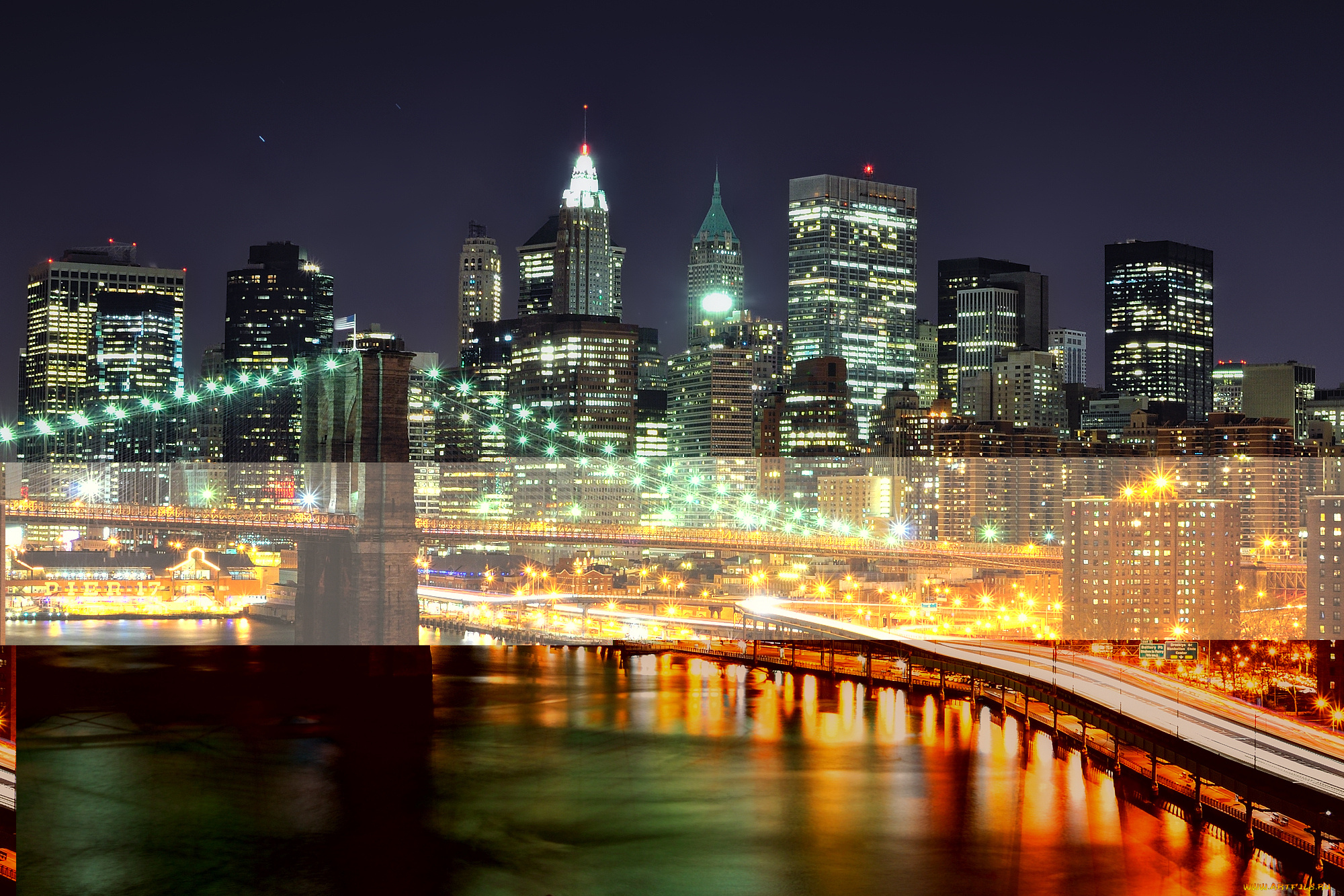 new, york, city, города, нью, йорк, сша, бруклинский, мост, ночной, город, здания, небоскрёбы, огни, nyc, brooklyn, bridge
