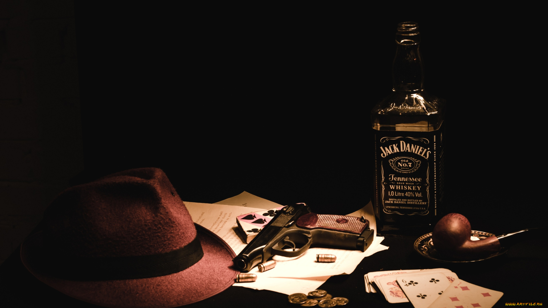 бренды, jack, daniel`s, пули, шляпа, карты, трубка, монеты, виски