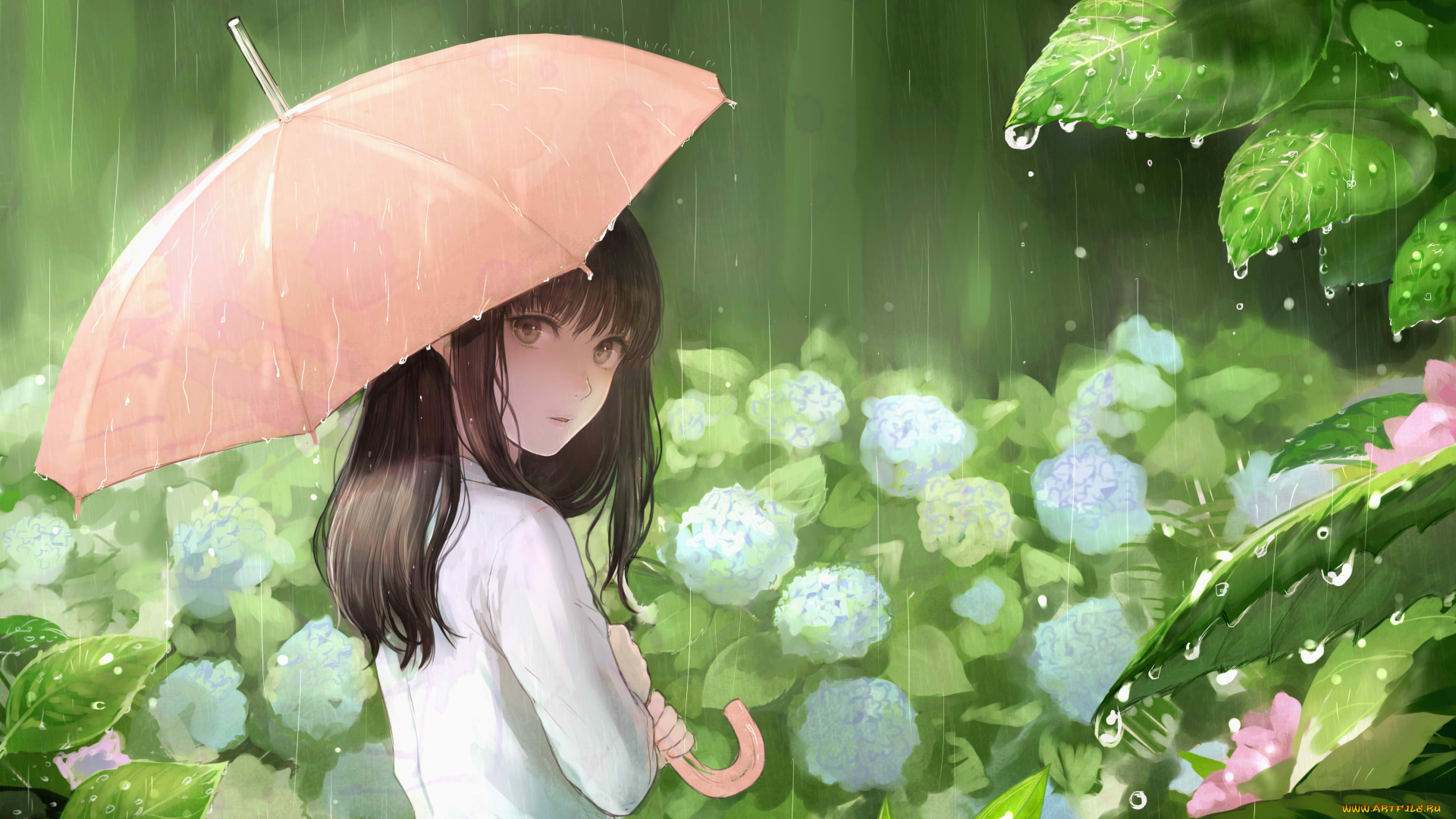 аниме, unknown, , другое, девушка, листья, дождь, дюймовочка, зонт