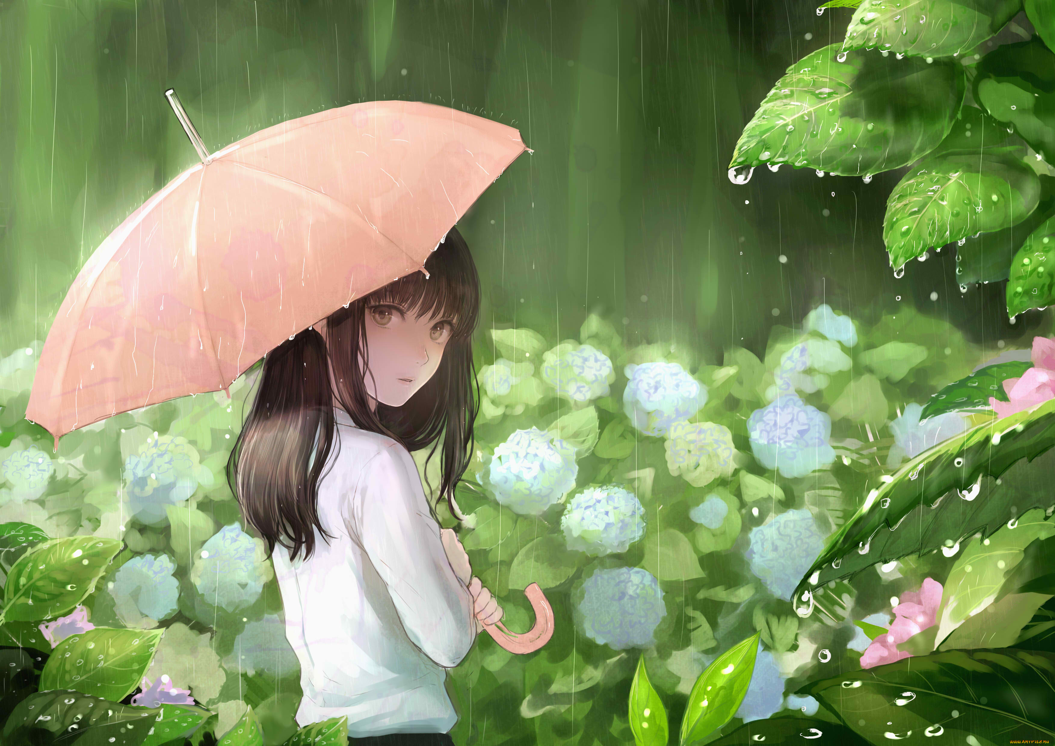 аниме, unknown, , другое, девушка, листья, дождь, дюймовочка, зонт