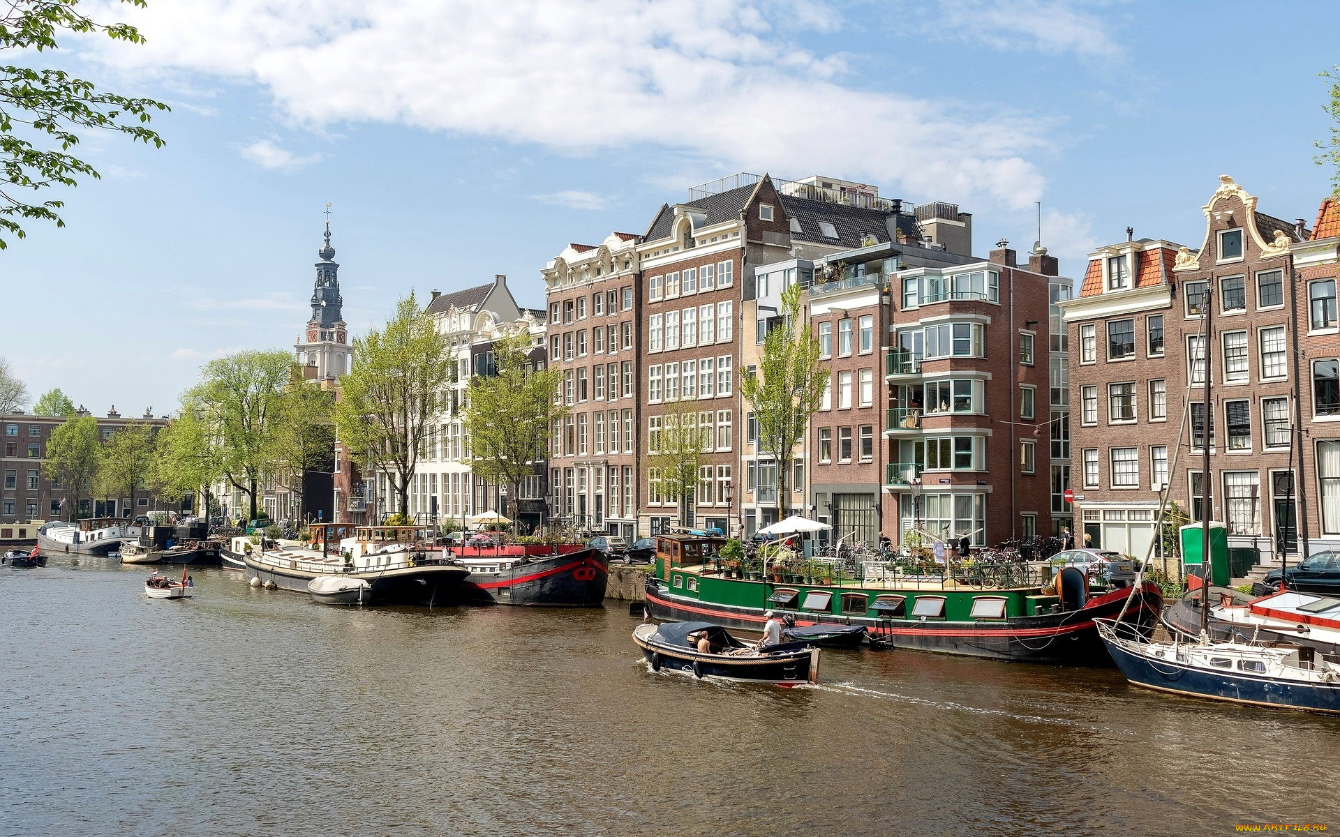 города, амстердам, , нидерланды, лодки, канал