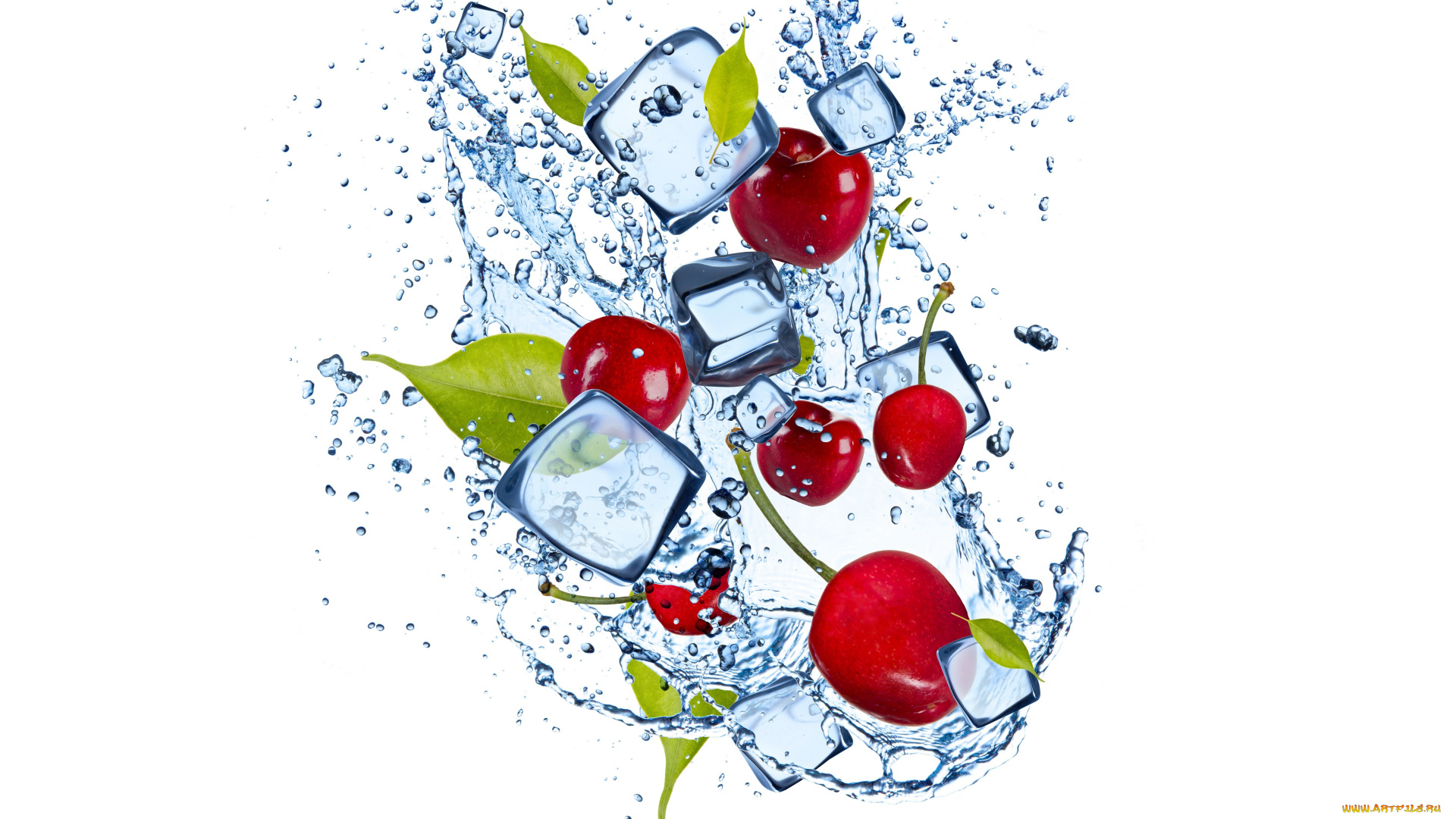 еда, вишня, , черешня, вода, лед, вишенки, листочки, water, ice, cherries, leaflets