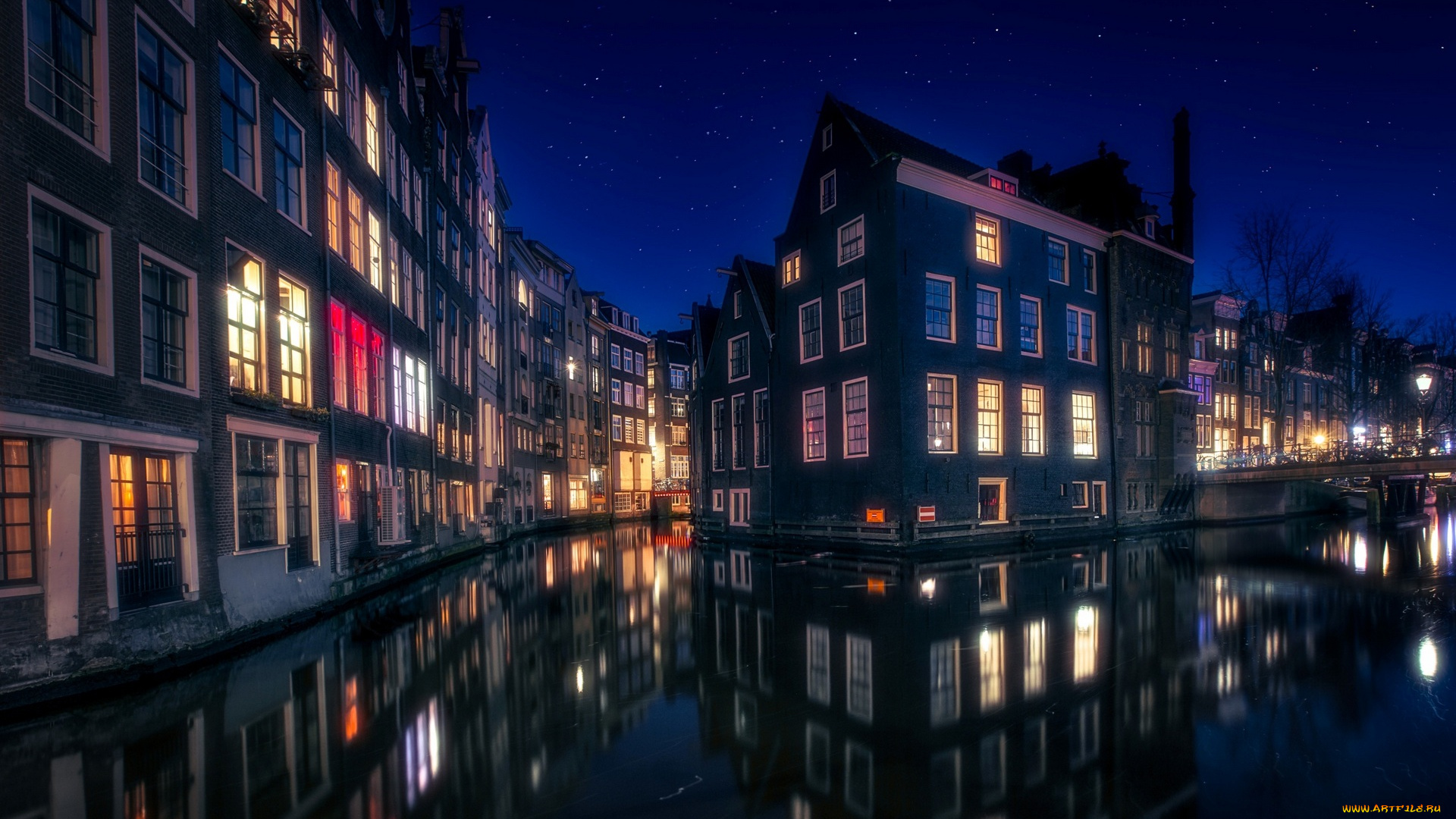 амстердам, города, амстердам, , нидерланды, вода, луна, дома, ночь