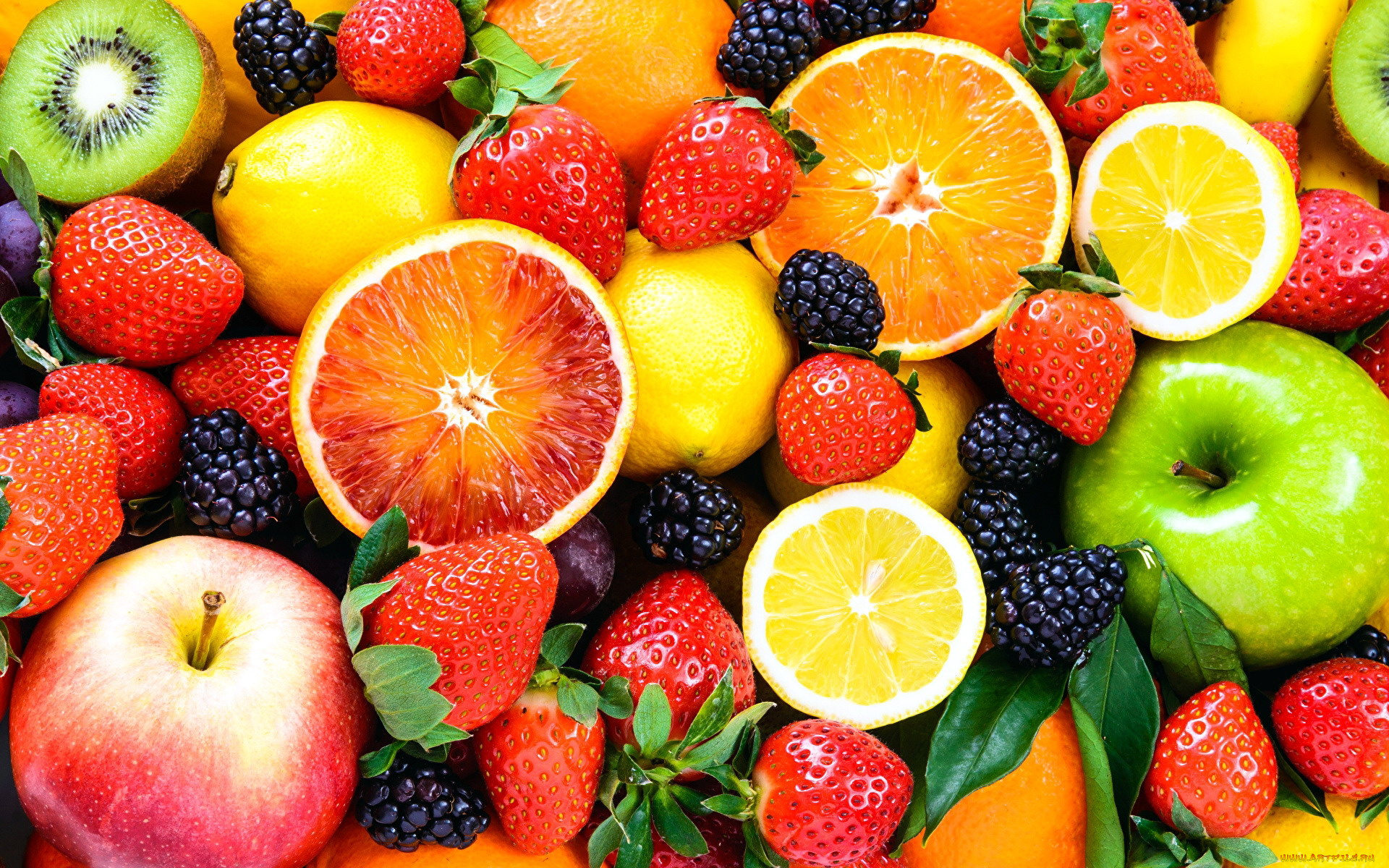 еда, фрукты, , ягоды, яблоко, апельсин, киви, клубника, ежевика