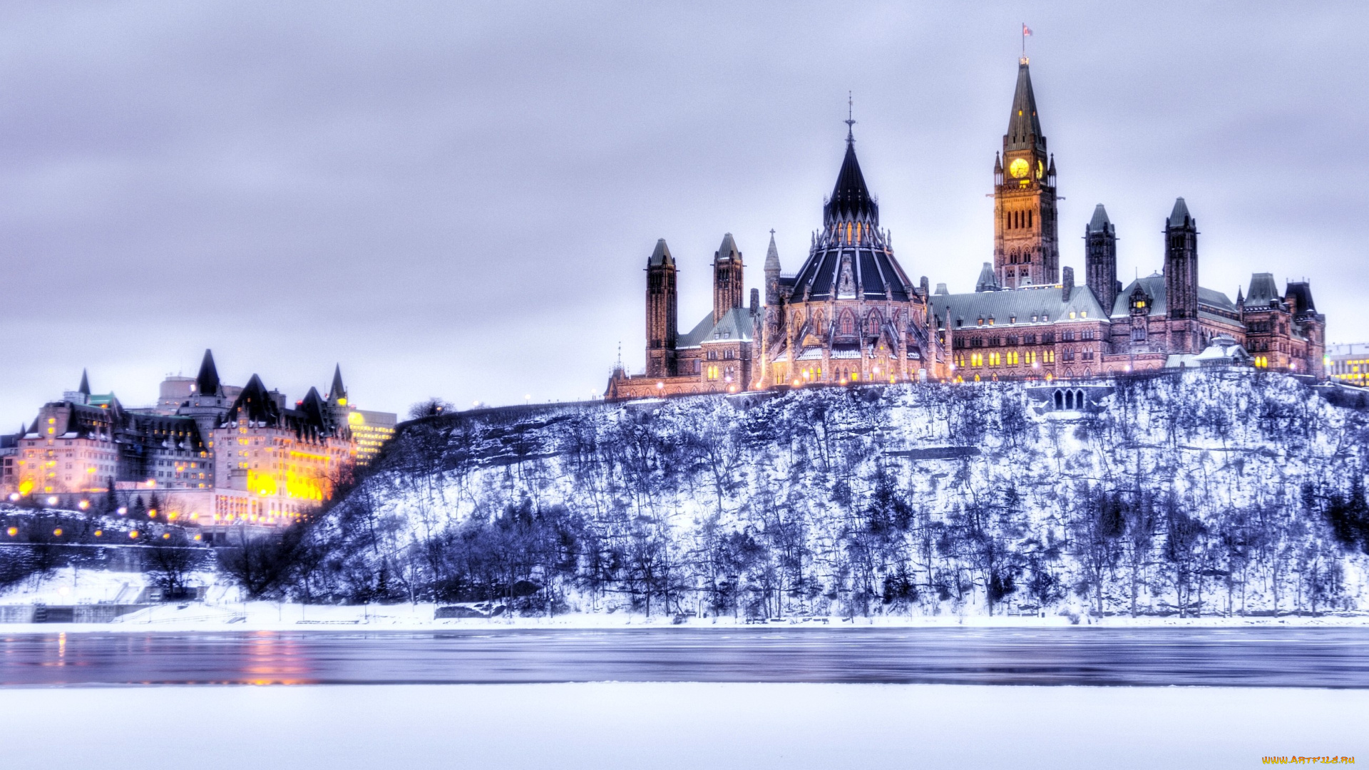 парламент, канады, оттава, города, канада, гора, шпиль, часы, купол