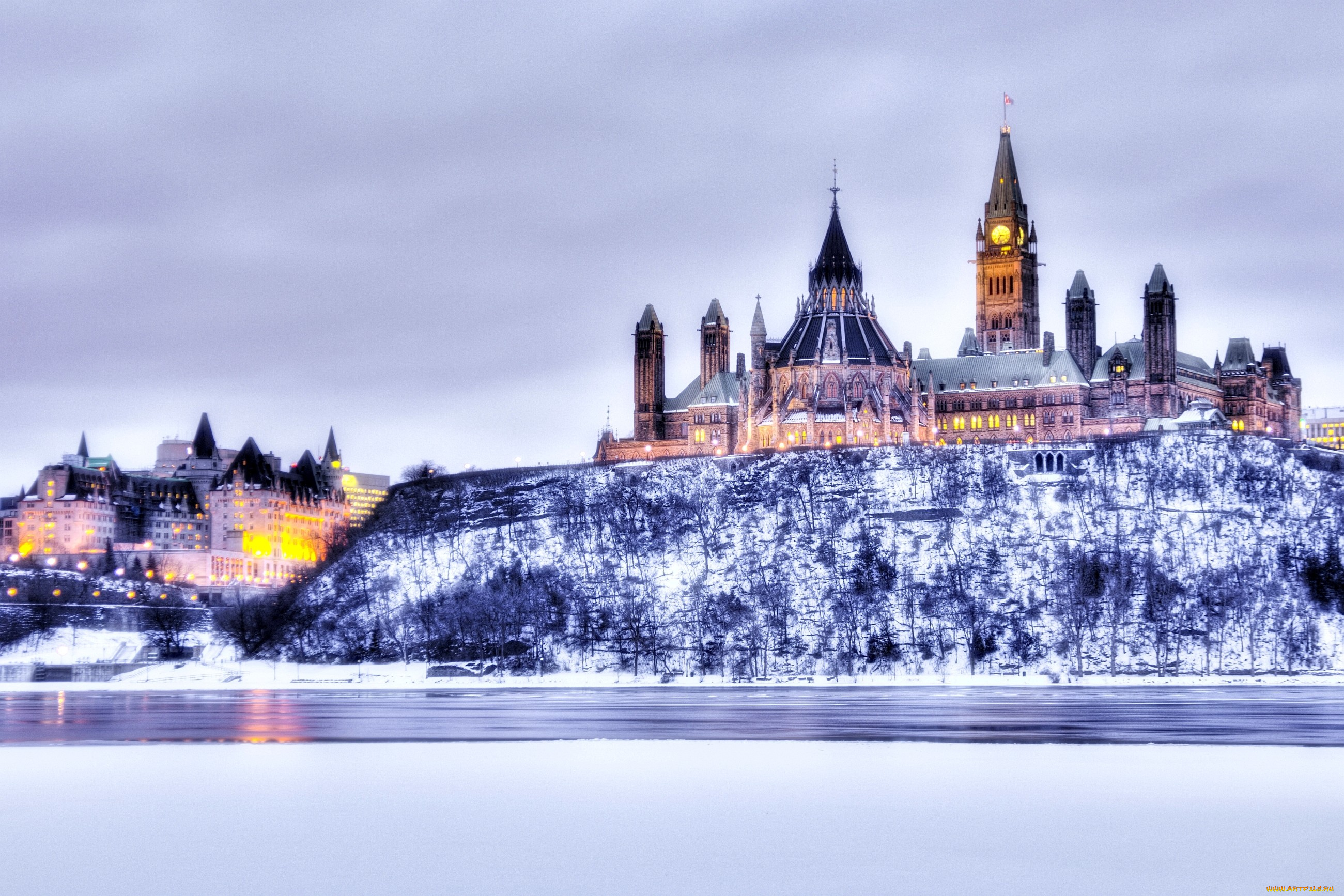 парламент, канады, оттава, города, канада, гора, шпиль, часы, купол