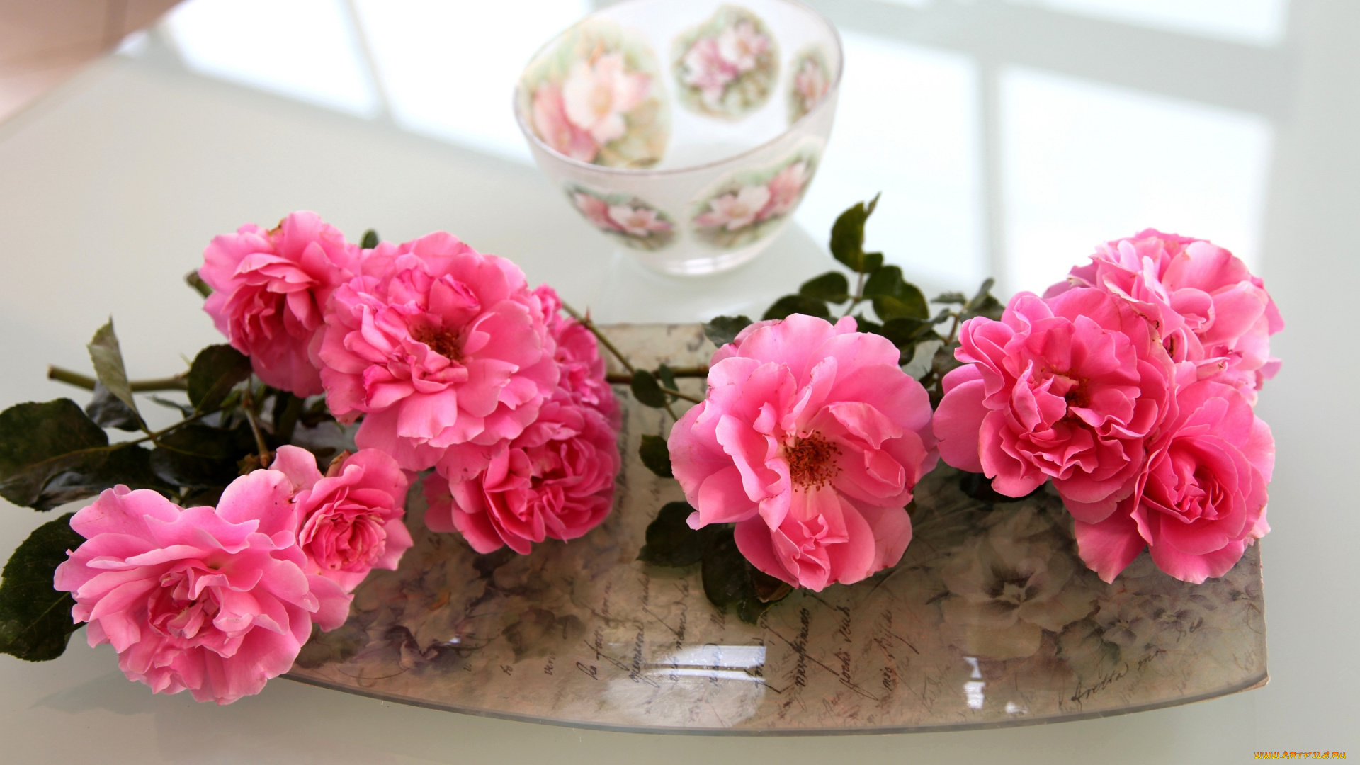 цветы, розы, чашка, розовый, поднос