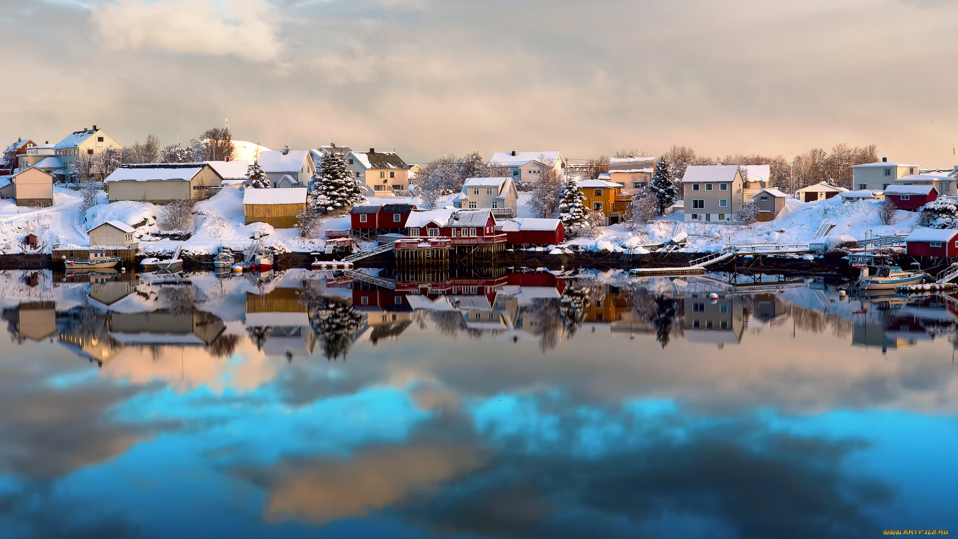 города, -, пейзажи, зима, лодки, отражения, снег, дома, лофотенские, острова, норвегия, lofoten