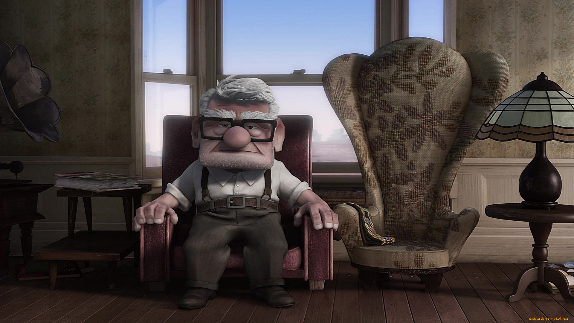 мультфильмы, up, дедушка, кресло, очки, лампа, окно, мужчина