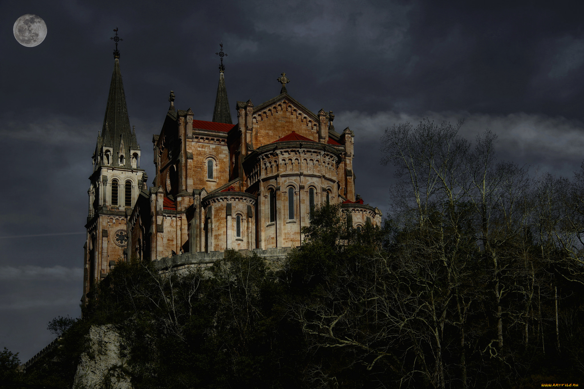 covadonga, города, -, католические, соборы, , костелы, , аббатства, ночь, холм, собор