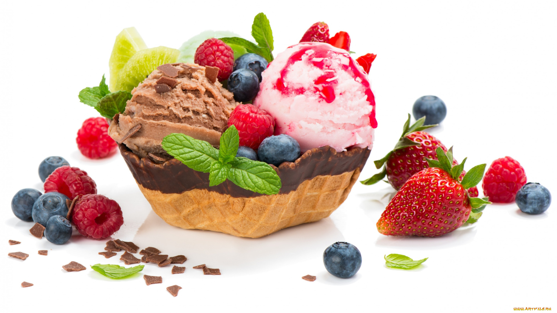 еда, мороженое, , десерты, десерт, сладкое, strawberry, sweets, chocolate, черника, листья, ягоды, малина, ice, cream, blueberries, шоколад, клубника, мята