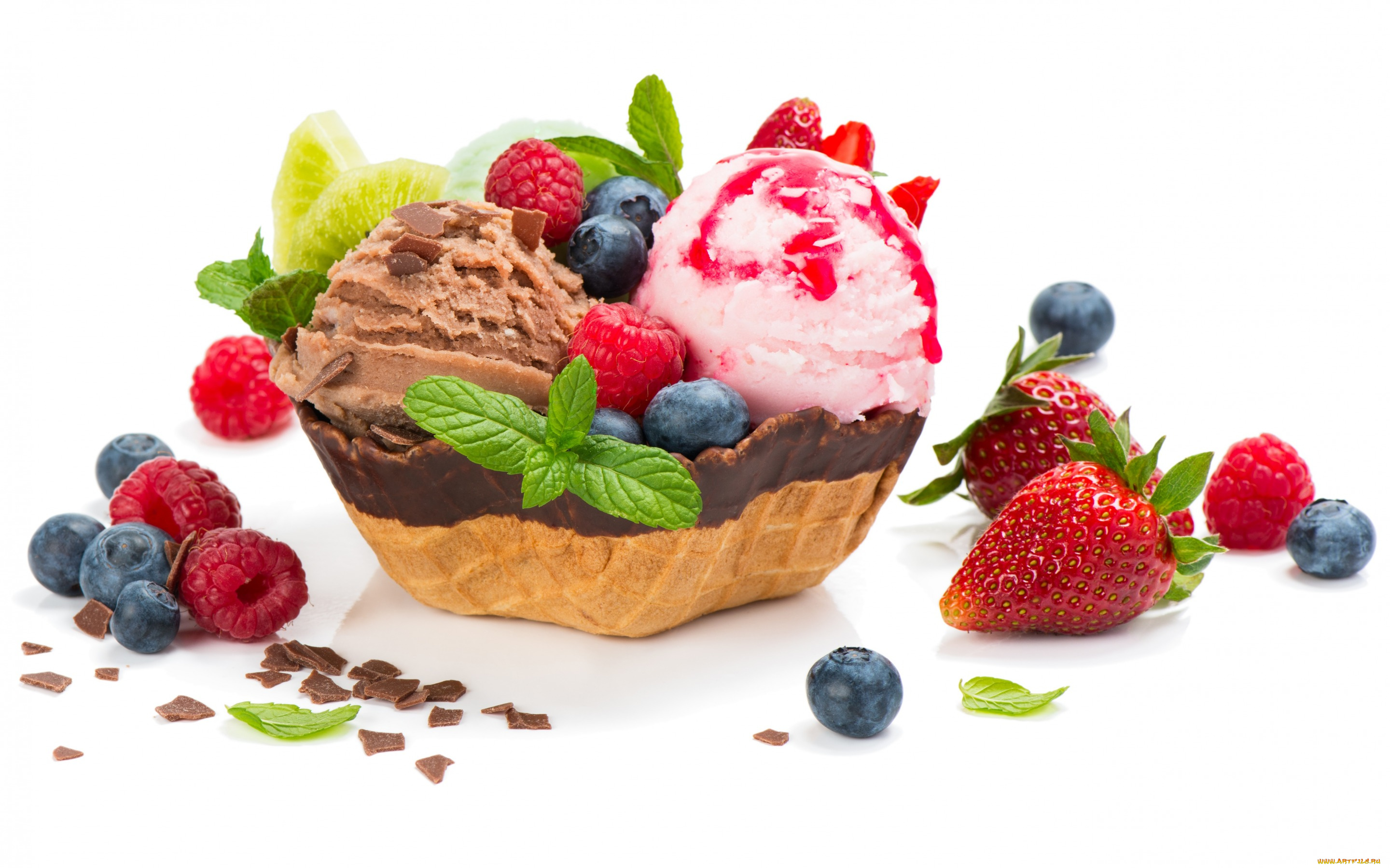 еда, мороженое, , десерты, десерт, сладкое, strawberry, sweets, chocolate, черника, листья, ягоды, малина, ice, cream, blueberries, шоколад, клубника, мята