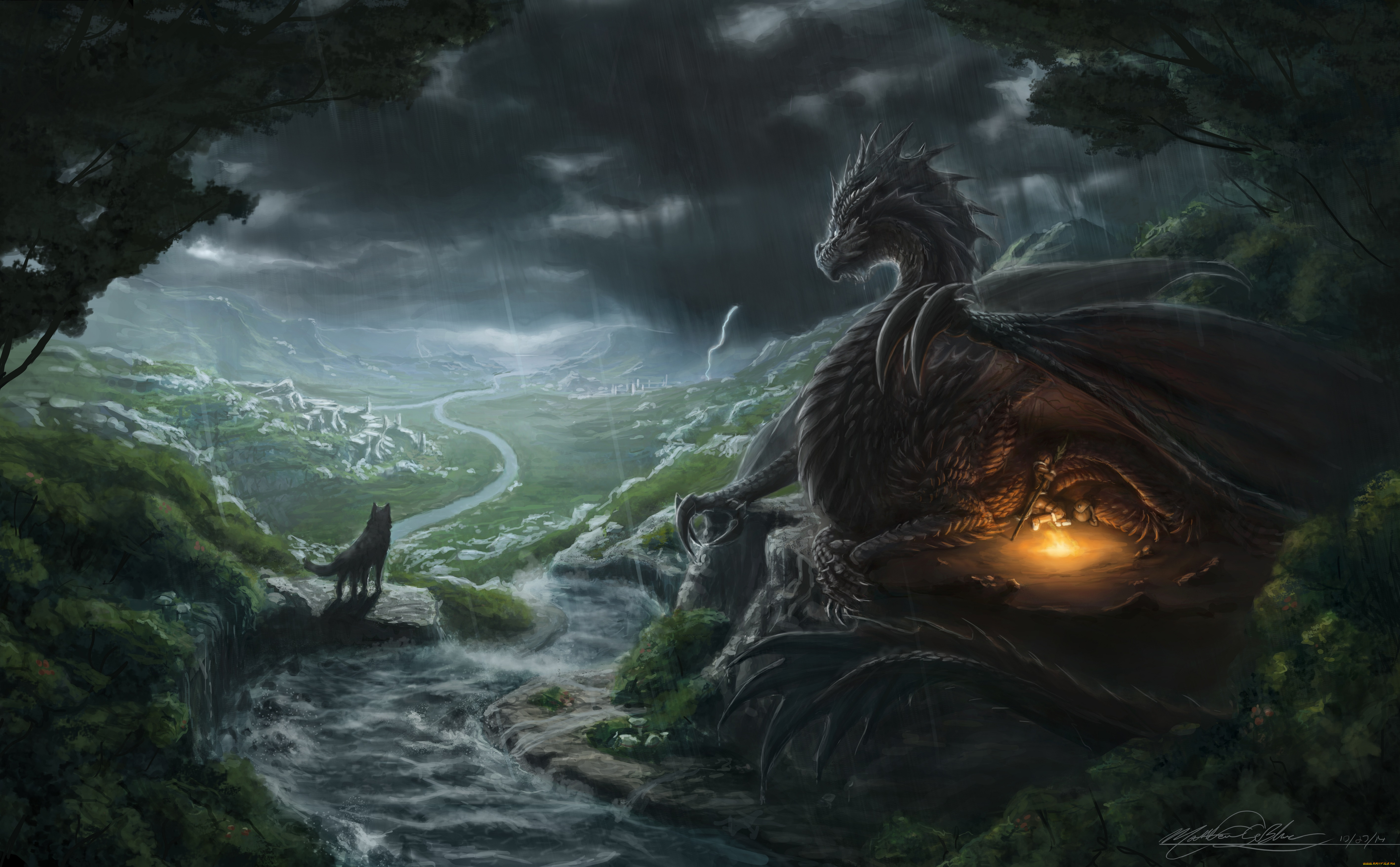 фэнтези, драконы, фантастика, арт, дракон, крылья, взгляд, ночь, дождь, человек, костер